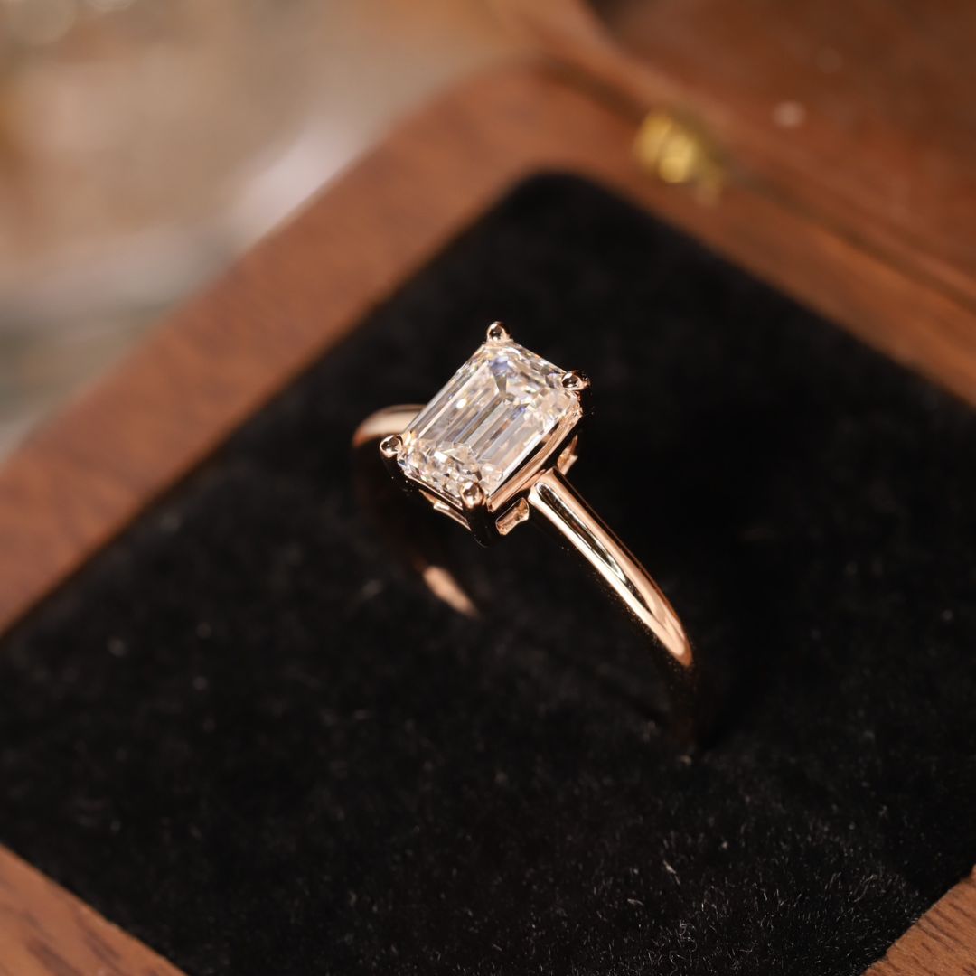 Lucky Emerald Cut Solitaire Lab Grown Diamond Engagement Ring in 14K White Gold | Classic Thin Band 4-Prong Setting 