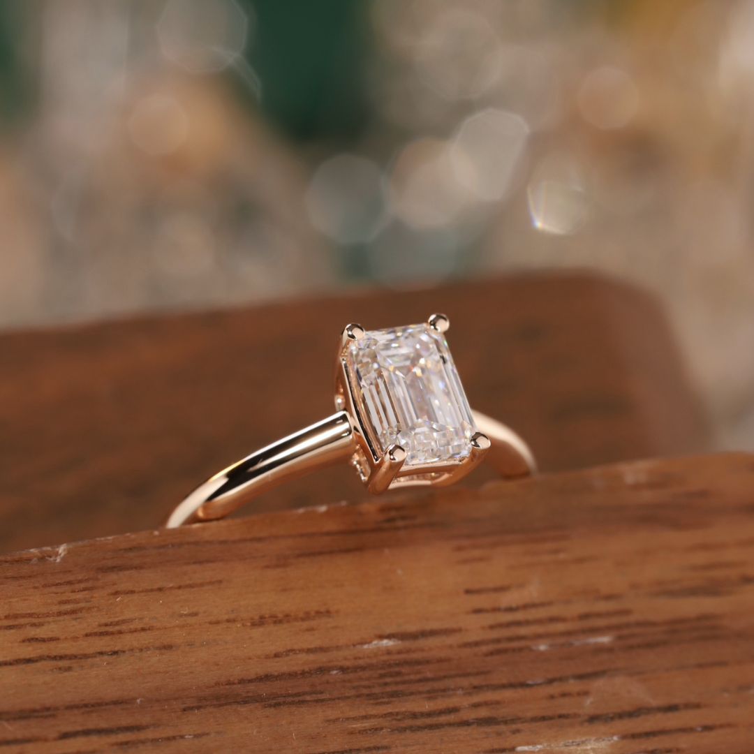 Lucky Emerald Cut Solitaire Lab Grown Diamond Engagement Ring in 14K White Gold | Classic Thin Band 4-Prong Setting 