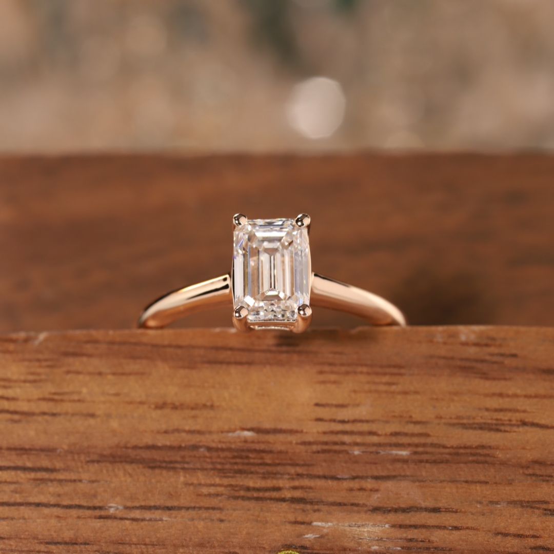 Lucky Emerald Cut Solitaire Lab Grown Diamond Engagement Ring in 14K White Gold | Classic Thin Band 4-Prong Setting 
