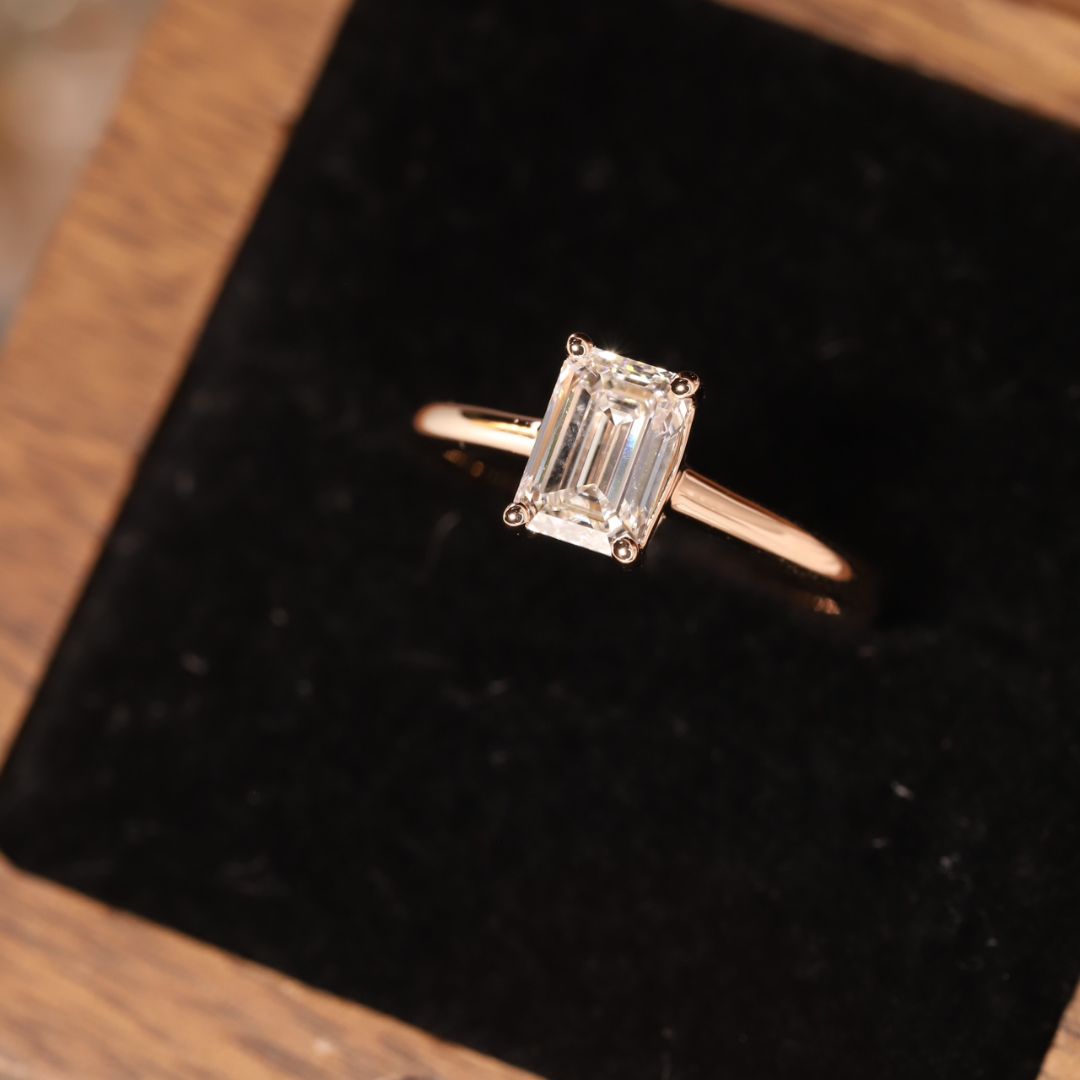 Lucky Emerald Cut Solitaire Lab Grown Diamond Engagement Ring in 14K White Gold | Classic Thin Band 4-Prong Setting 