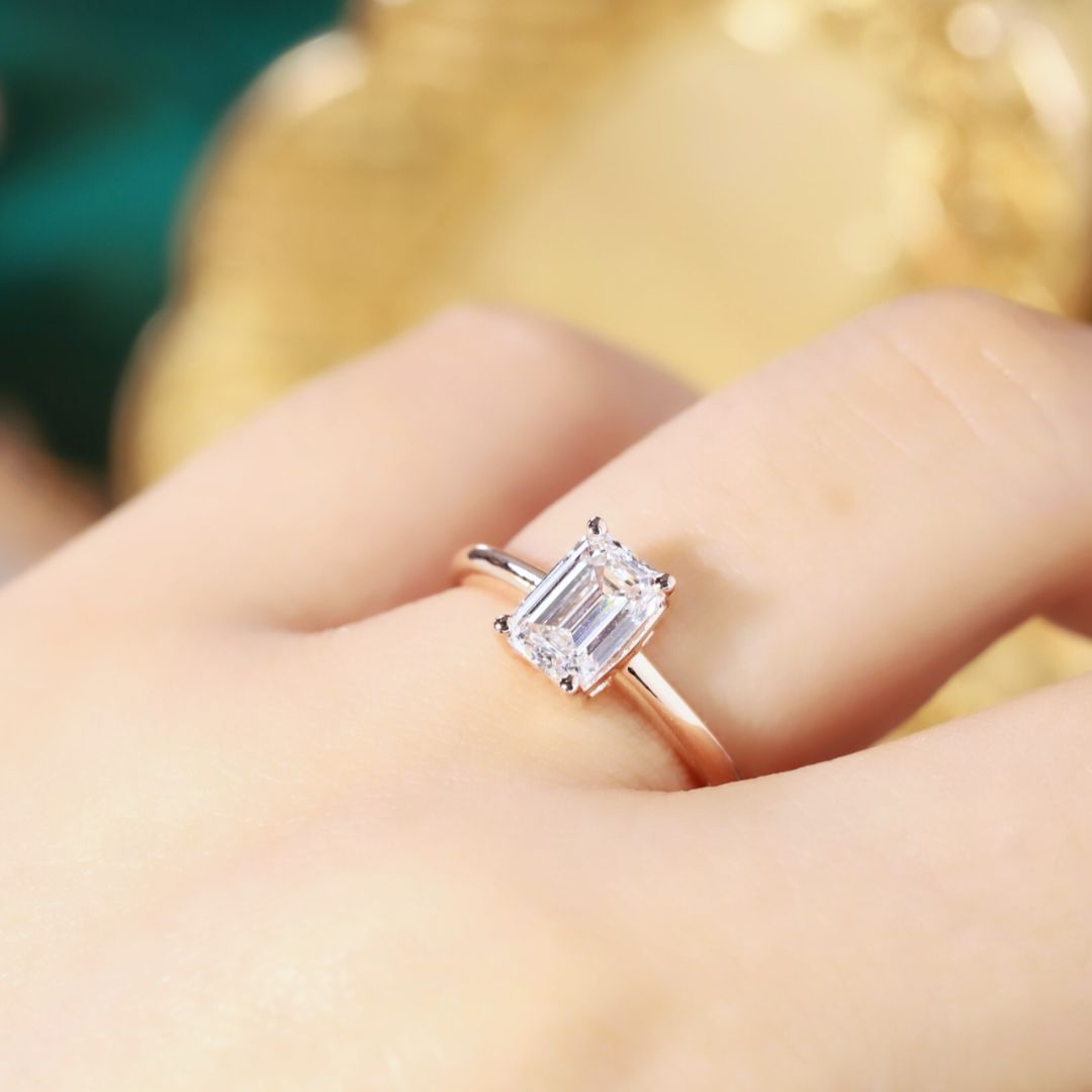 Lucky Emerald Cut Solitaire Lab Grown Diamond Engagement Ring in 14K White Gold | Classic Thin Band 4-Prong Setting 