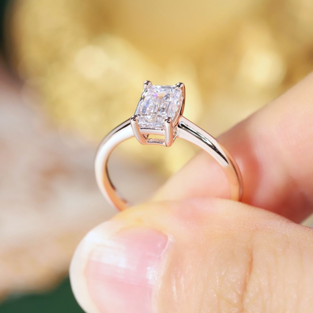 Lucky Emerald Cut Solitaire Lab Grown Diamond Engagement Ring in 14K White Gold | Classic Thin Band 4-Prong Setting 