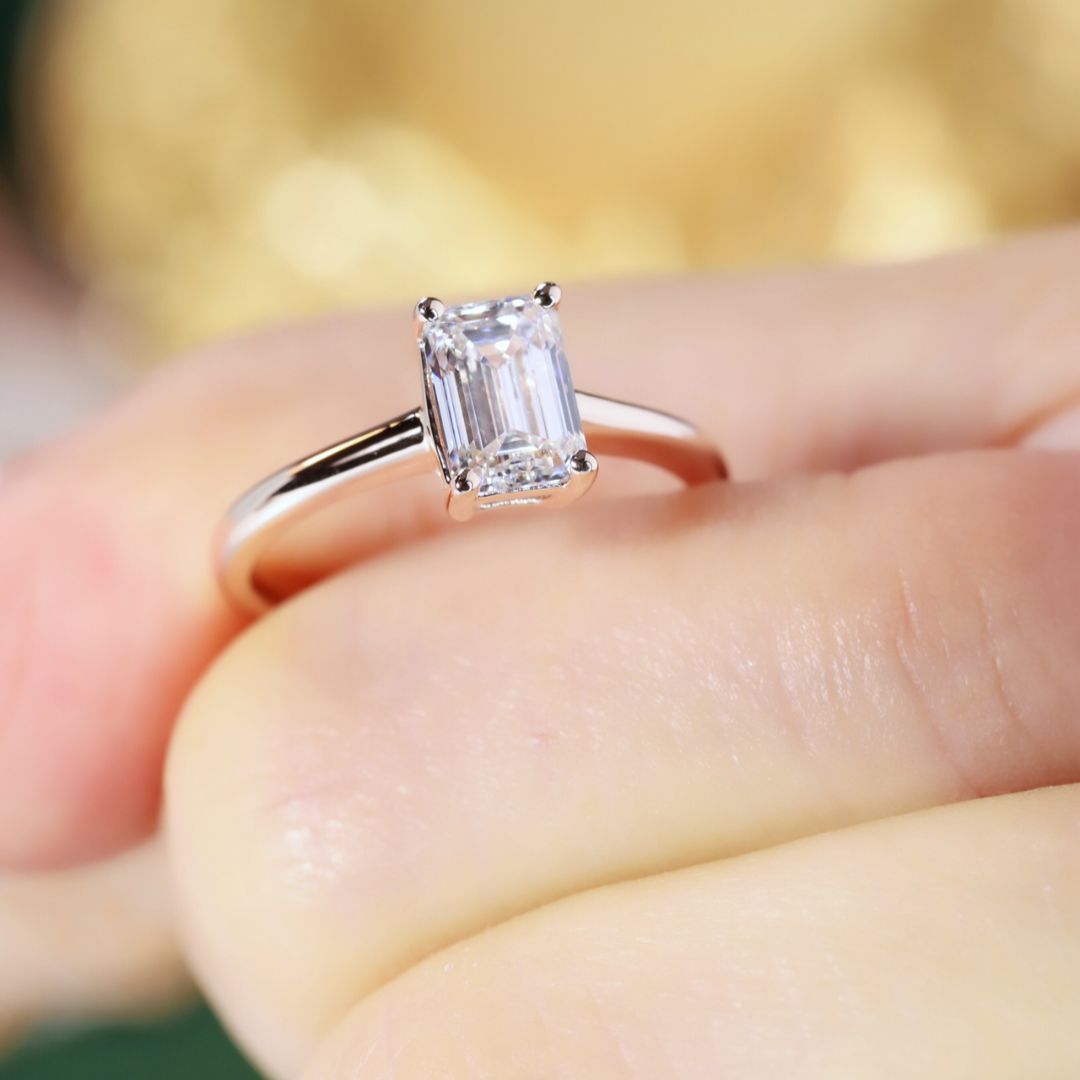 Lucky Emerald Cut Solitaire Lab Grown Diamond Engagement Ring in 14K White Gold | Classic Thin Band 4-Prong Setting 