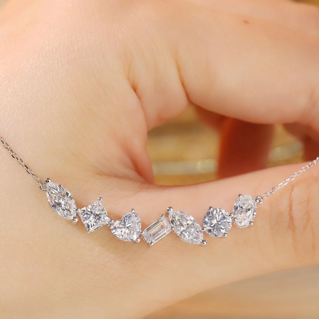 Lucky 7-Stone Mixed Shape Lab Grown Diamond Necklace in 14K White Gold | Marquise, Princess, Heart, Emerald, Marquise, Round, Oval Cut Design