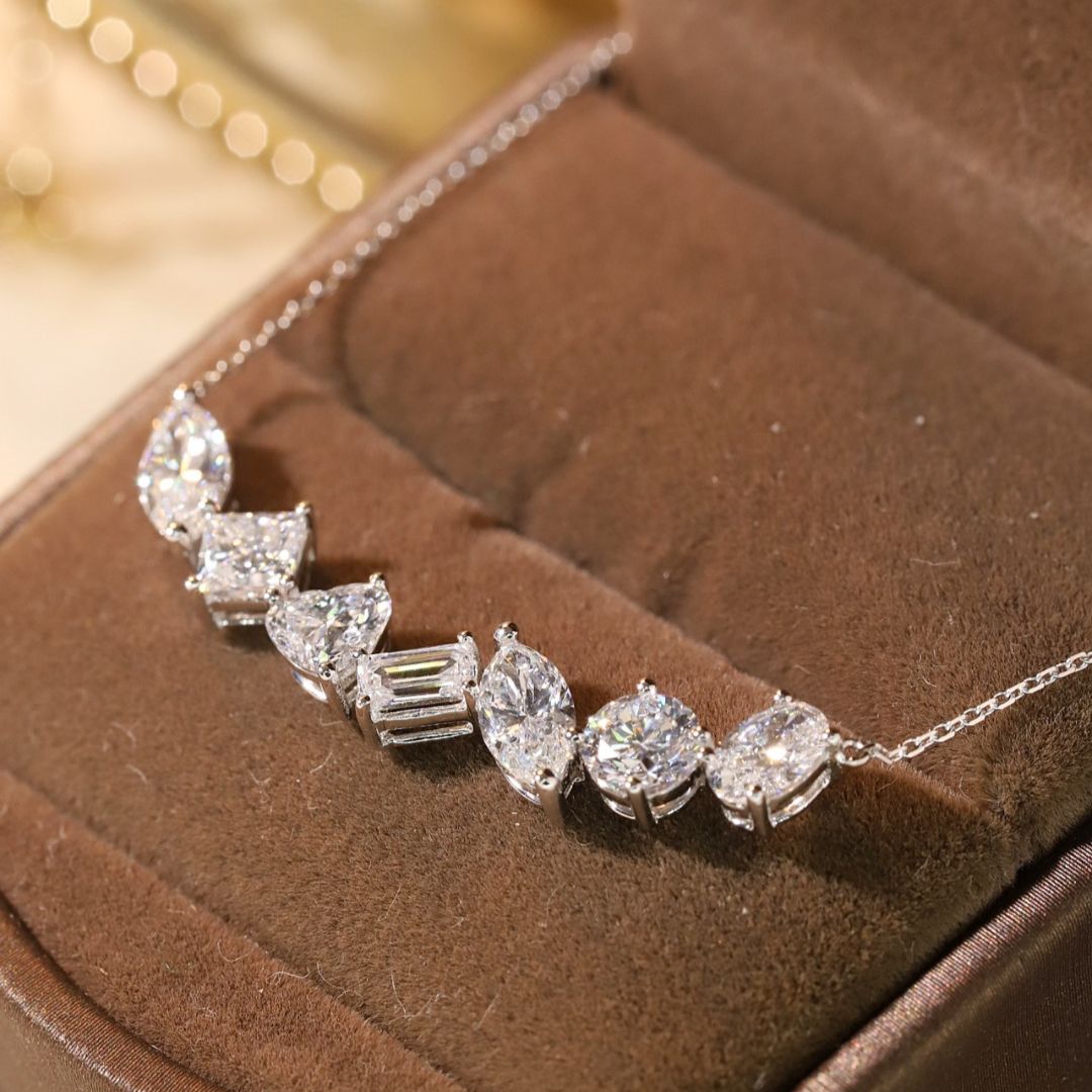 Lucky 7-Stone Mixed Shape Lab Grown Diamond Necklace in 14K White Gold | Marquise, Princess, Heart, Emerald, Marquise, Round, Oval Cut Design