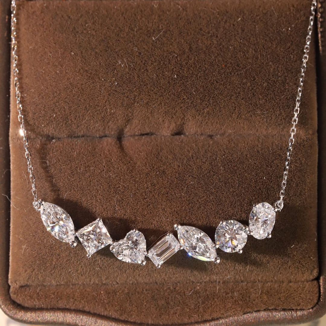 Lucky 7-Stone Mixed Shape Lab Grown Diamond Necklace in 14K White Gold | Marquise, Princess, Heart, Emerald, Marquise, Round, Oval Cut Design