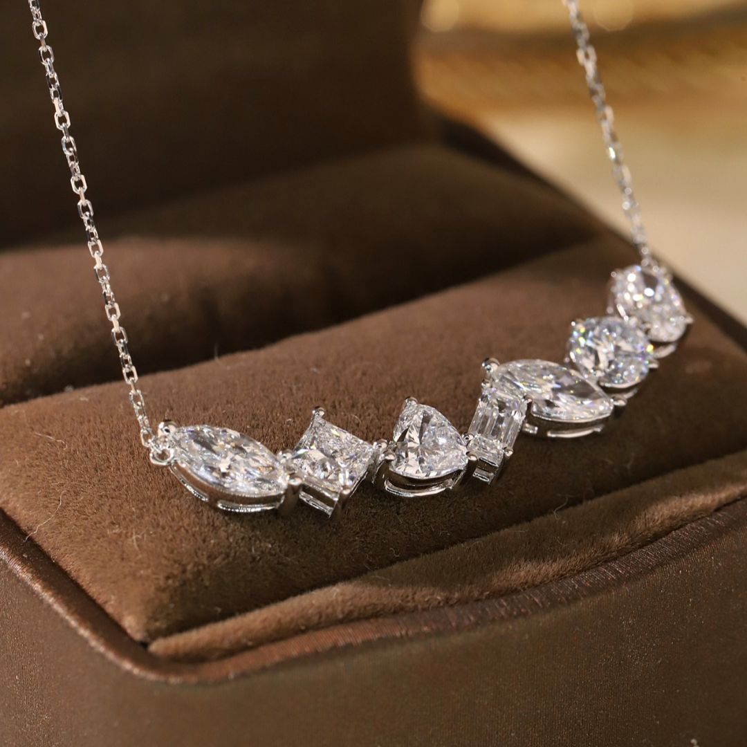 Lucky 7-Stone Mixed Shape Lab Grown Diamond Necklace in 14K White Gold | Marquise, Princess, Heart, Emerald, Marquise, Round, Oval Cut Design
