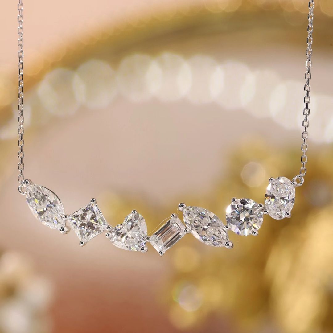 Lucky 7-Stone Mixed Shape Lab Grown Diamond Necklace in 14K White Gold | Marquise, Princess, Heart, Emerald, Marquise, Round, Oval Cut Design