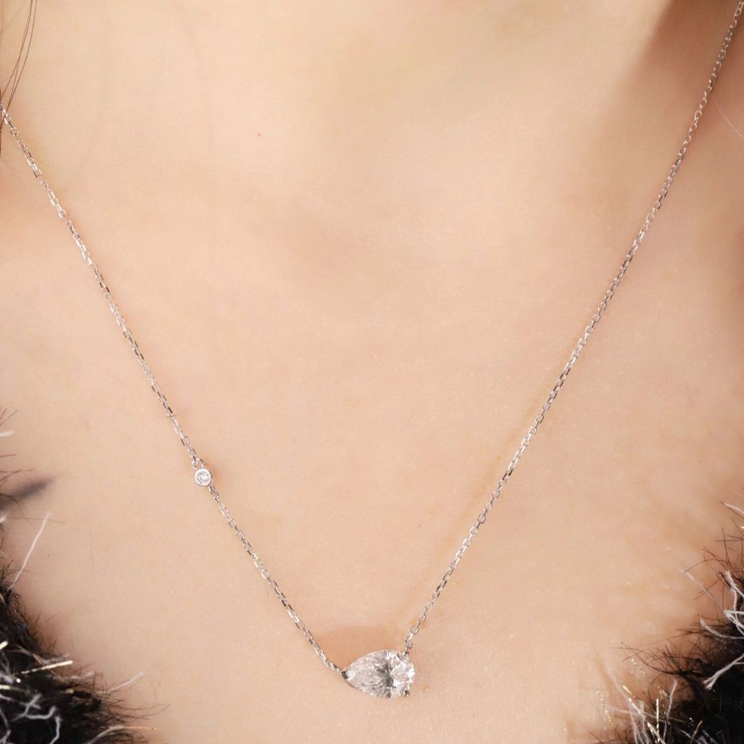 Lucky Pear Cut Lab Grown Diamond Pendant Necklace in 14K White Gold | Solitaire Teardrop Pendant with Accent Round Diamond