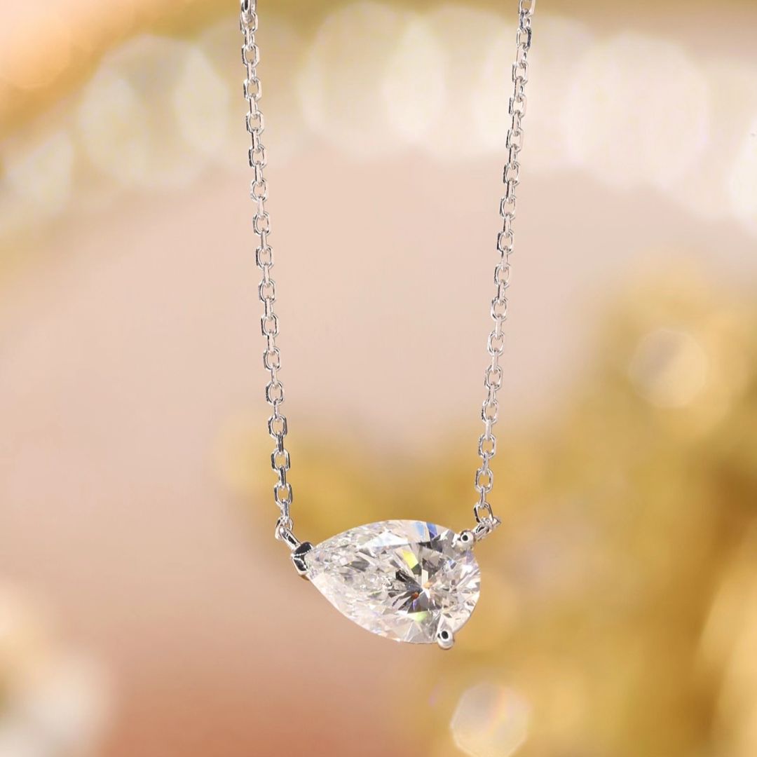 Lucky Pear Cut Lab Grown Diamond Pendant Necklace in 14K White Gold | Solitaire Teardrop Pendant with Accent Round Diamond