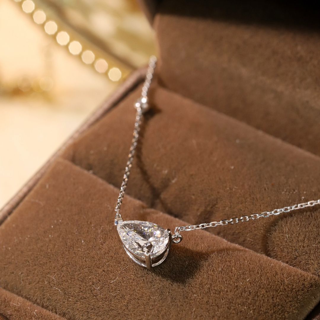 Lucky Pear Cut Lab Grown Diamond Pendant Necklace in 14K White Gold | Solitaire Teardrop Pendant with Accent Round Diamond