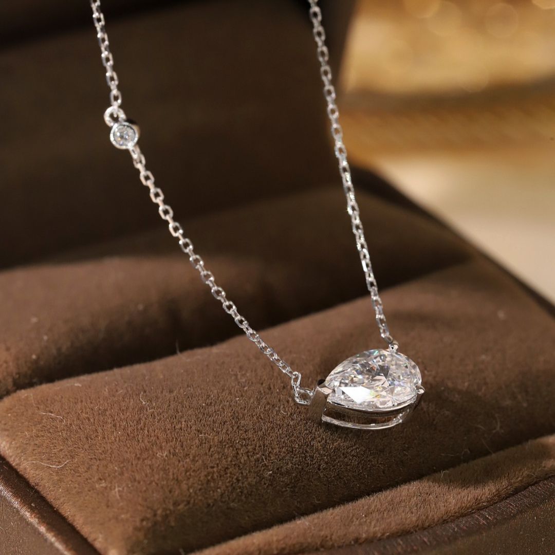 Lucky Pear Cut Lab Grown Diamond Pendant Necklace in 14K White Gold | Solitaire Teardrop Pendant with Accent Round Diamond