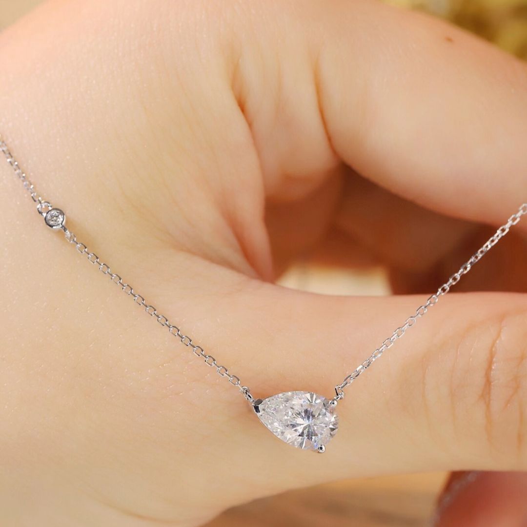 Lucky Pear Cut Lab Grown Diamond Pendant Necklace in 14K White Gold | Solitaire Teardrop Pendant with Accent Round Diamond