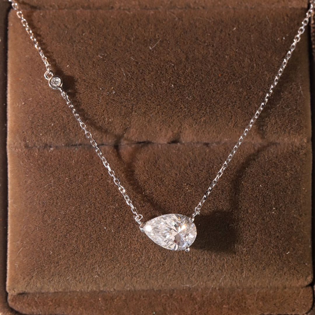 Lucky Pear Cut Lab Grown Diamond Pendant Necklace in 14K White Gold | Solitaire Teardrop Pendant with Accent Round Diamond