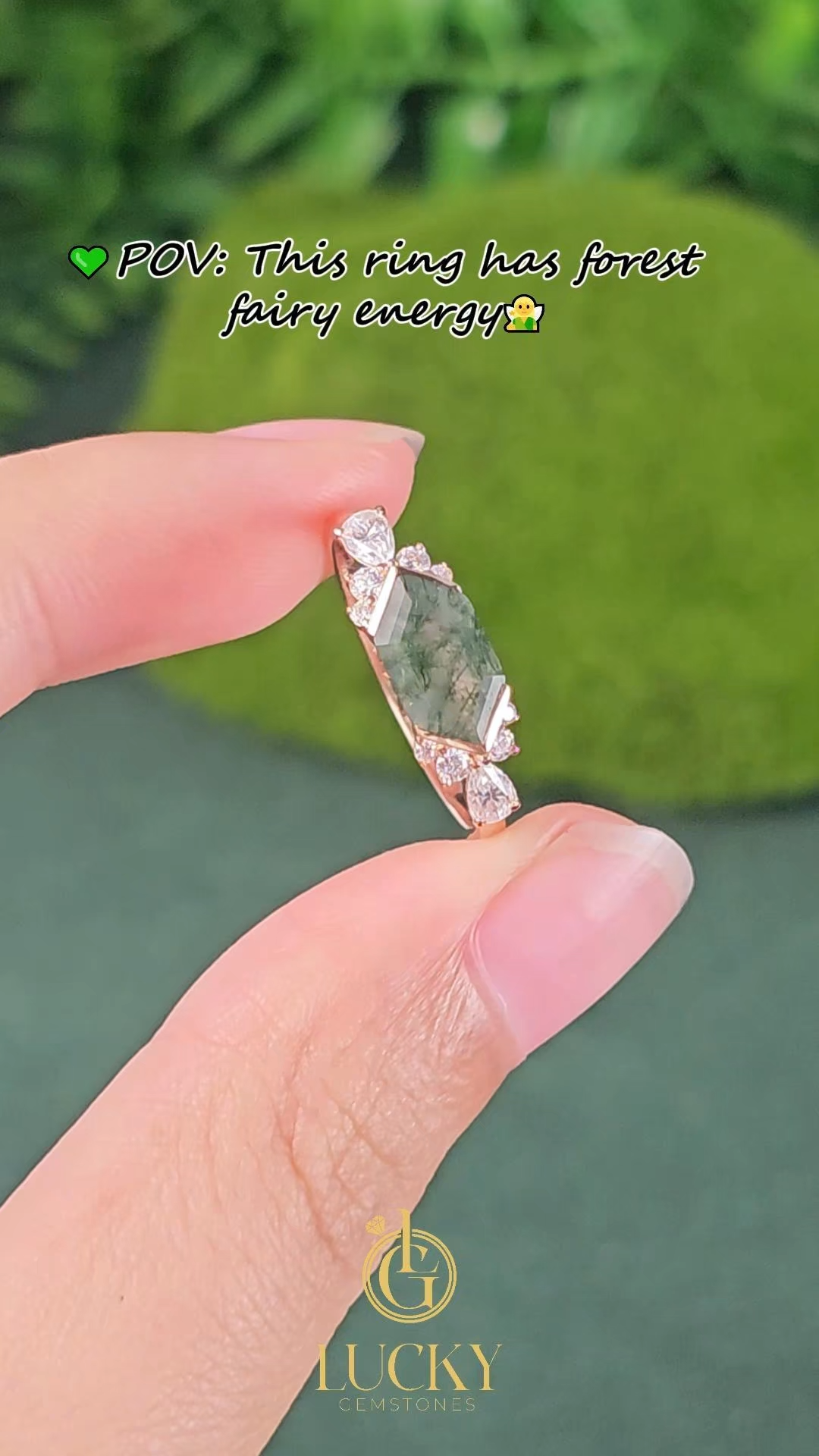Lucky Hexagon Moss Agate Engagement Ring in 14K Rose Gold | Pear Diamond Trio Accents 