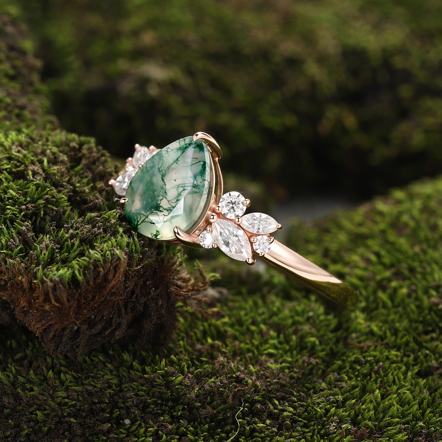 Natural Moss Agate Pear-Shaped Ring | Surrounded by Moissanite Leaves | Nature-Inspired Engagement Ring-GLR0019