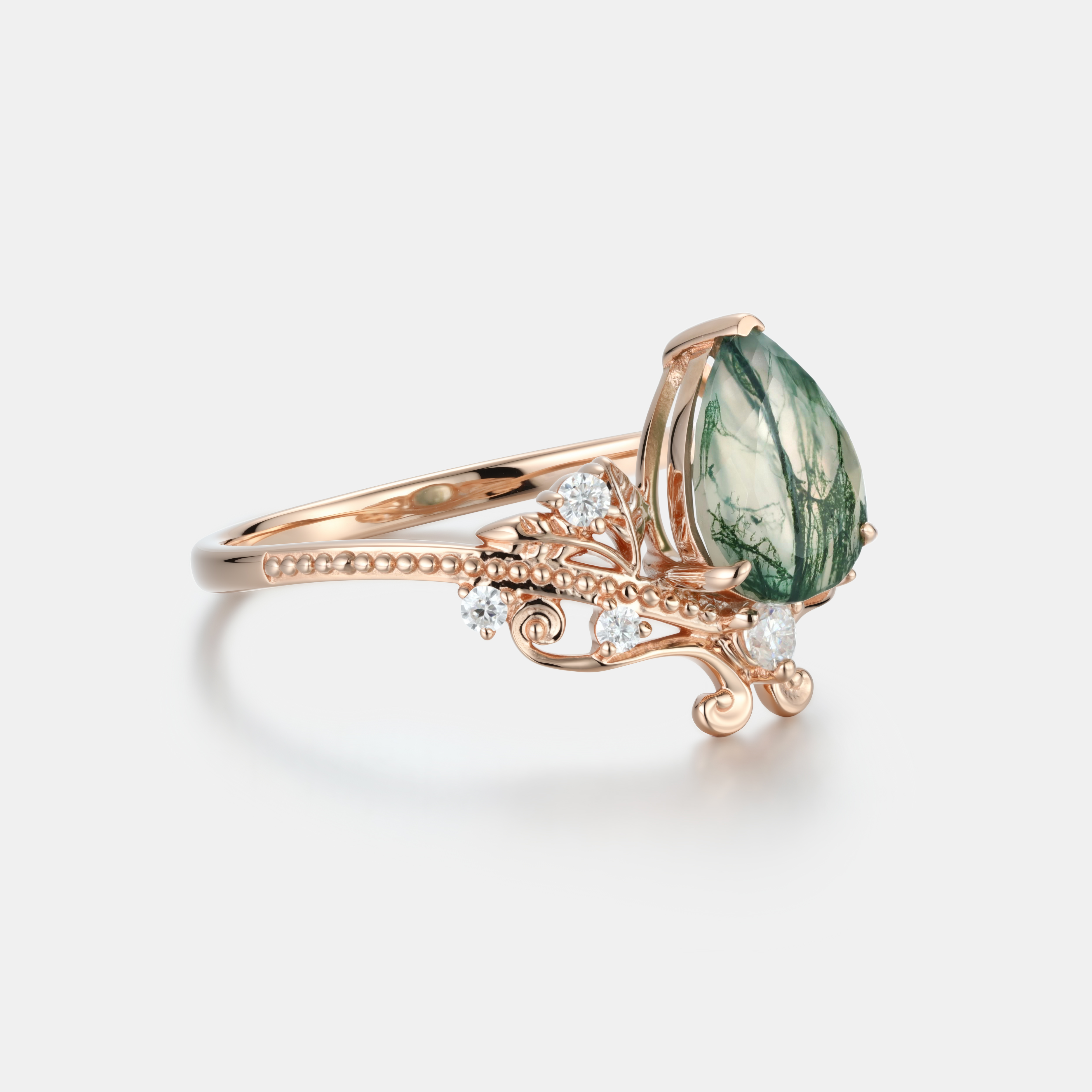 Rose Gold Natural Pear Cut Moss Agate Art Nouveau Ring with Vine Milgrain Accents | Luxurious Vintage Engagement Ring