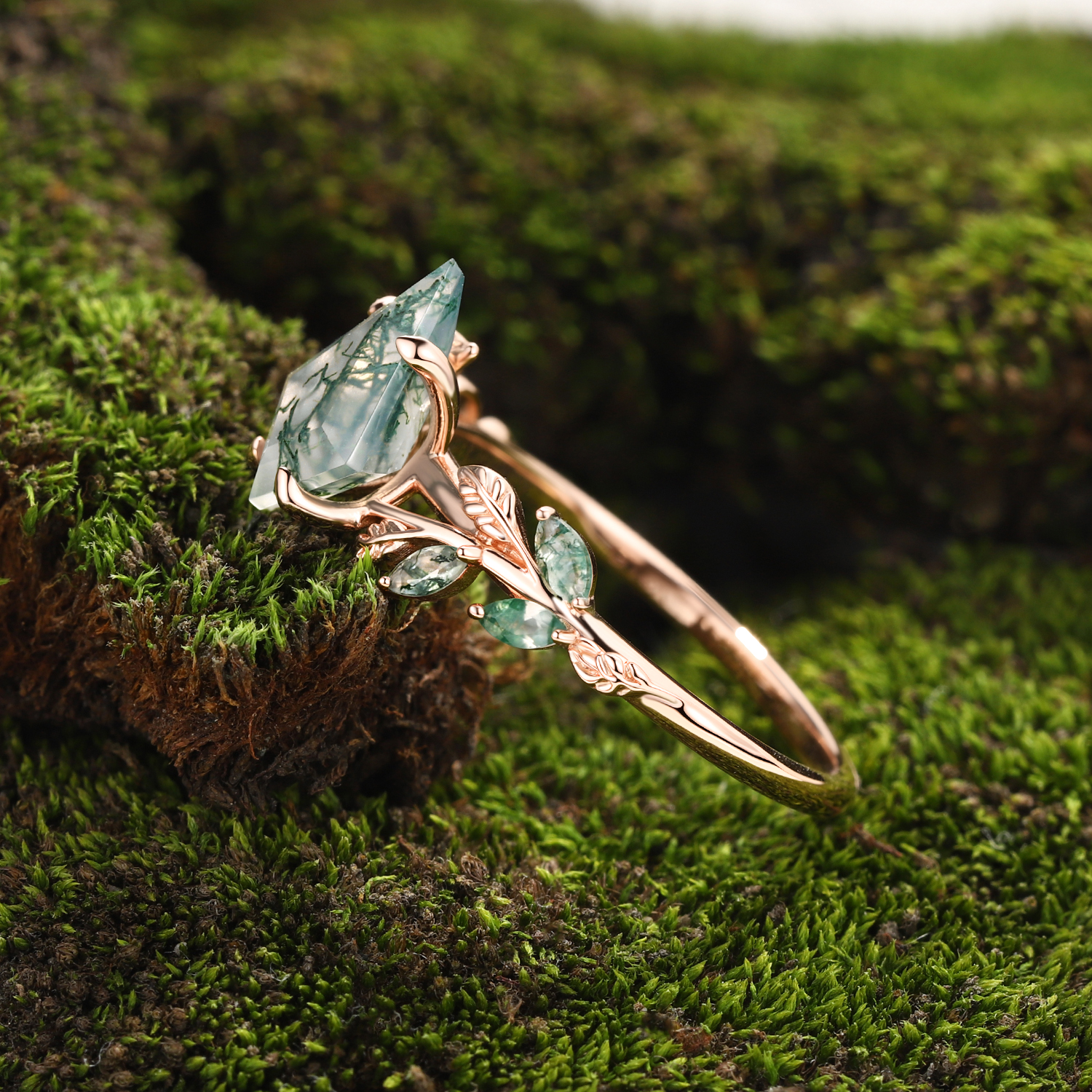 Lucky Gemstone | Kite Cut Natural Moss Agate Engagement Ring | Rose Gold Natural-Inspired Design Band | Moss Agate Accents