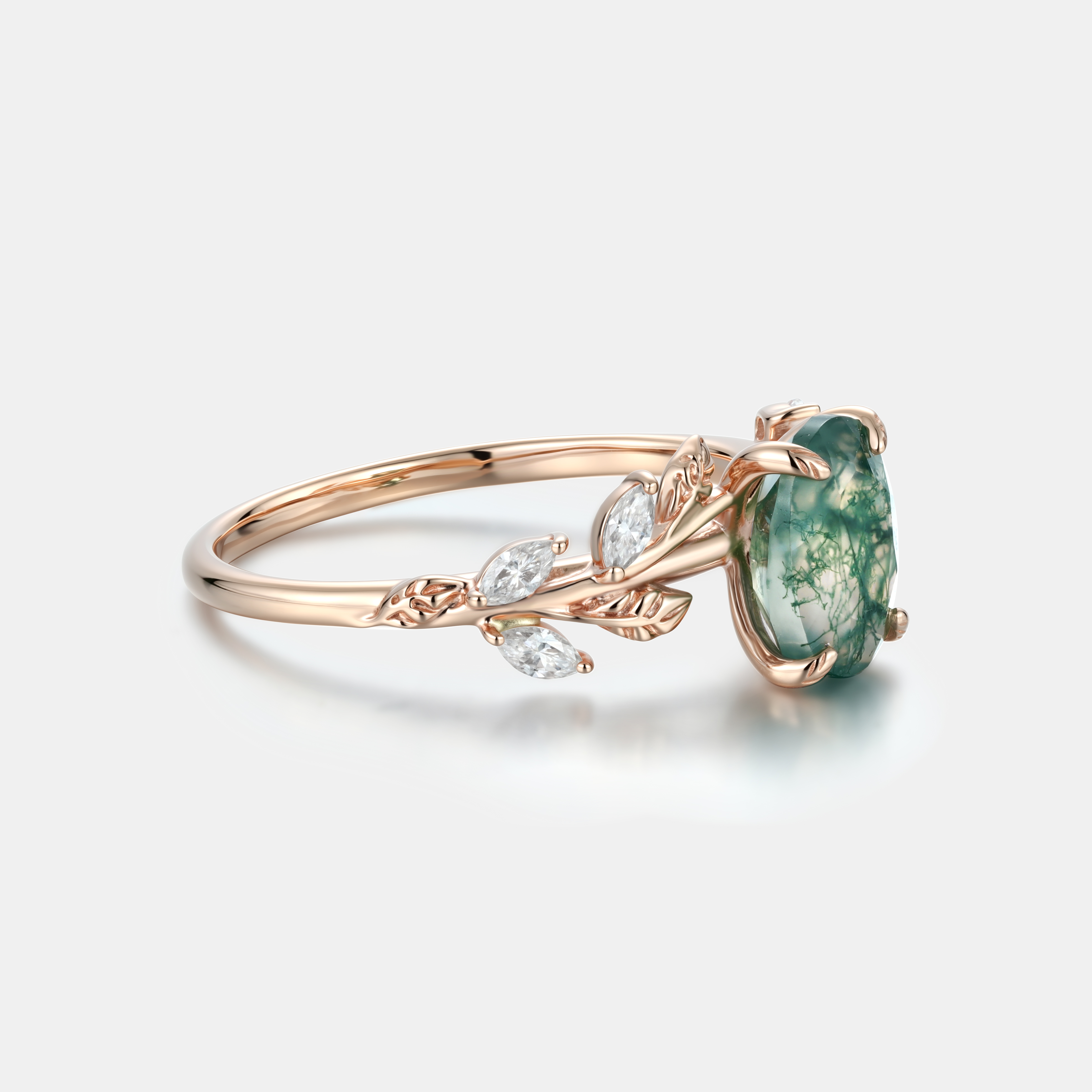 Lucky Gemstone | Oval Cut Natural Moss Agate Engagement Ring | Rose Gold Moissanite Cluster Band | Natural-Inspired Design