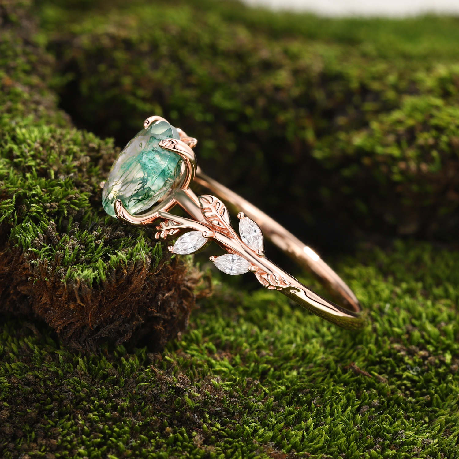 Lucky Gemstone | Oval Cut Natural Moss Agate Engagement Ring | Rose Gold Moissanite Cluster Band | Natural-Inspired Design