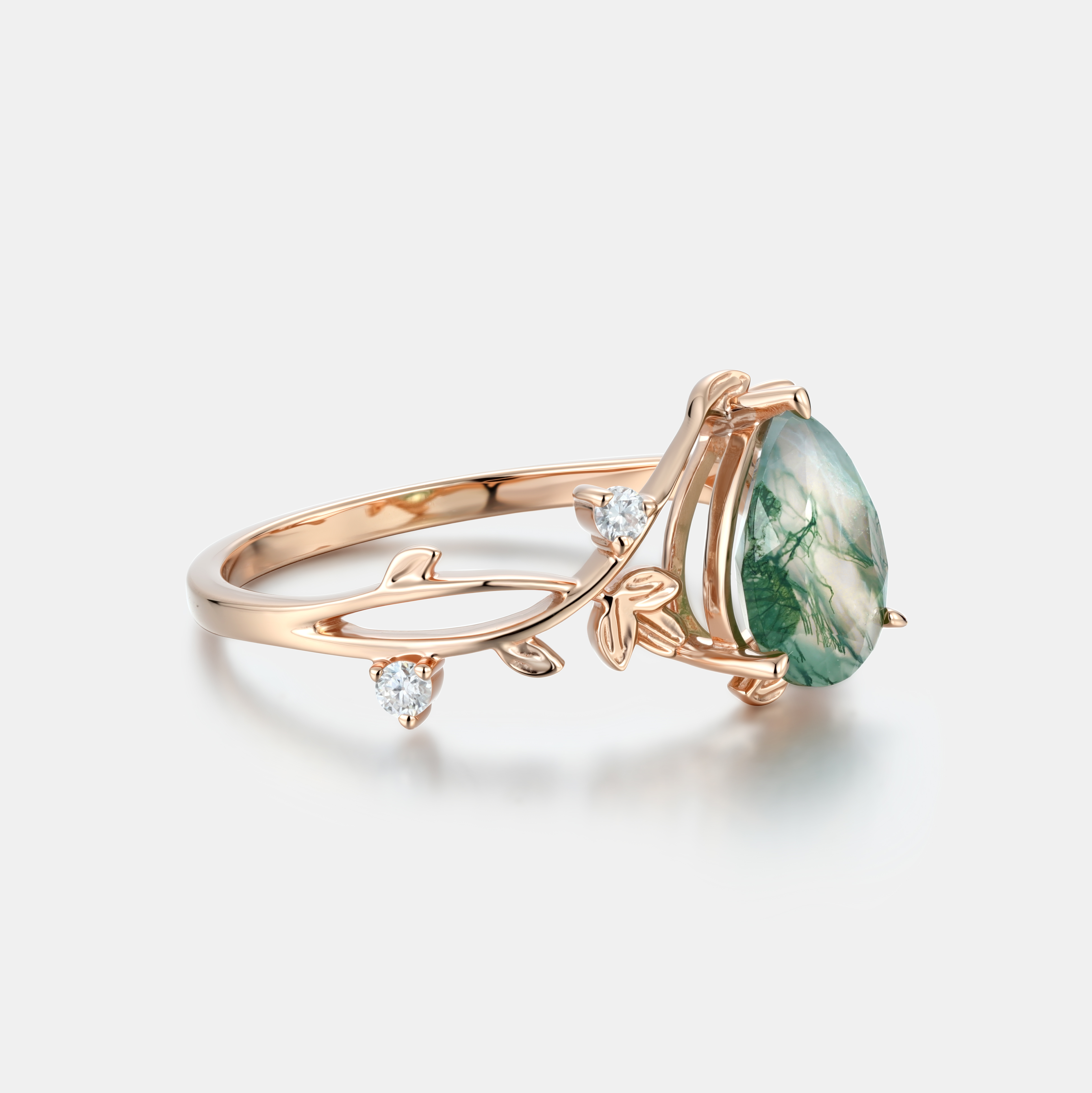 Lucky Gemstone Pear Cut Moss Agate Engagement Ring Moissanite Accent Rose Gold Vine Foliage Band