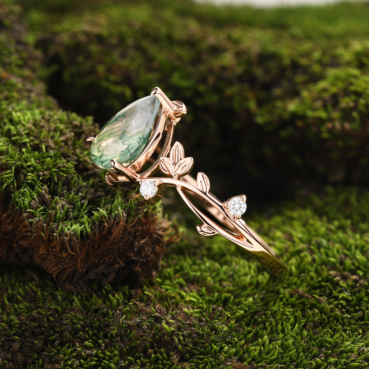 Lucky Gemstone Pear Cut Moss Agate Engagement Ring Moissanite Accent Rose Gold Vine Foliage Band