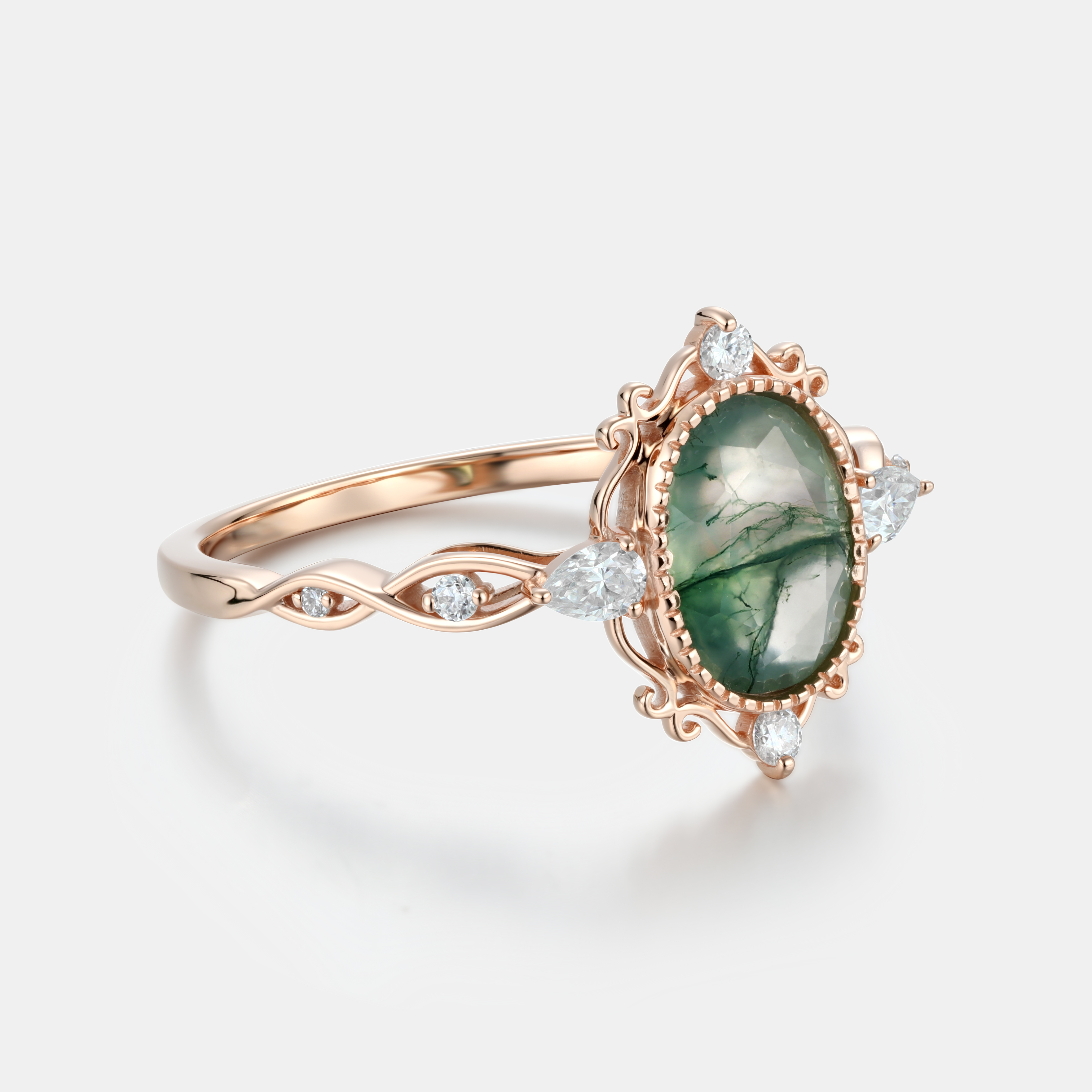 Lucky Gemstone | Oval Cut Moss Agate Engagement Ring | Rose Gold Natural Inspired Band with Moissanite Accent 