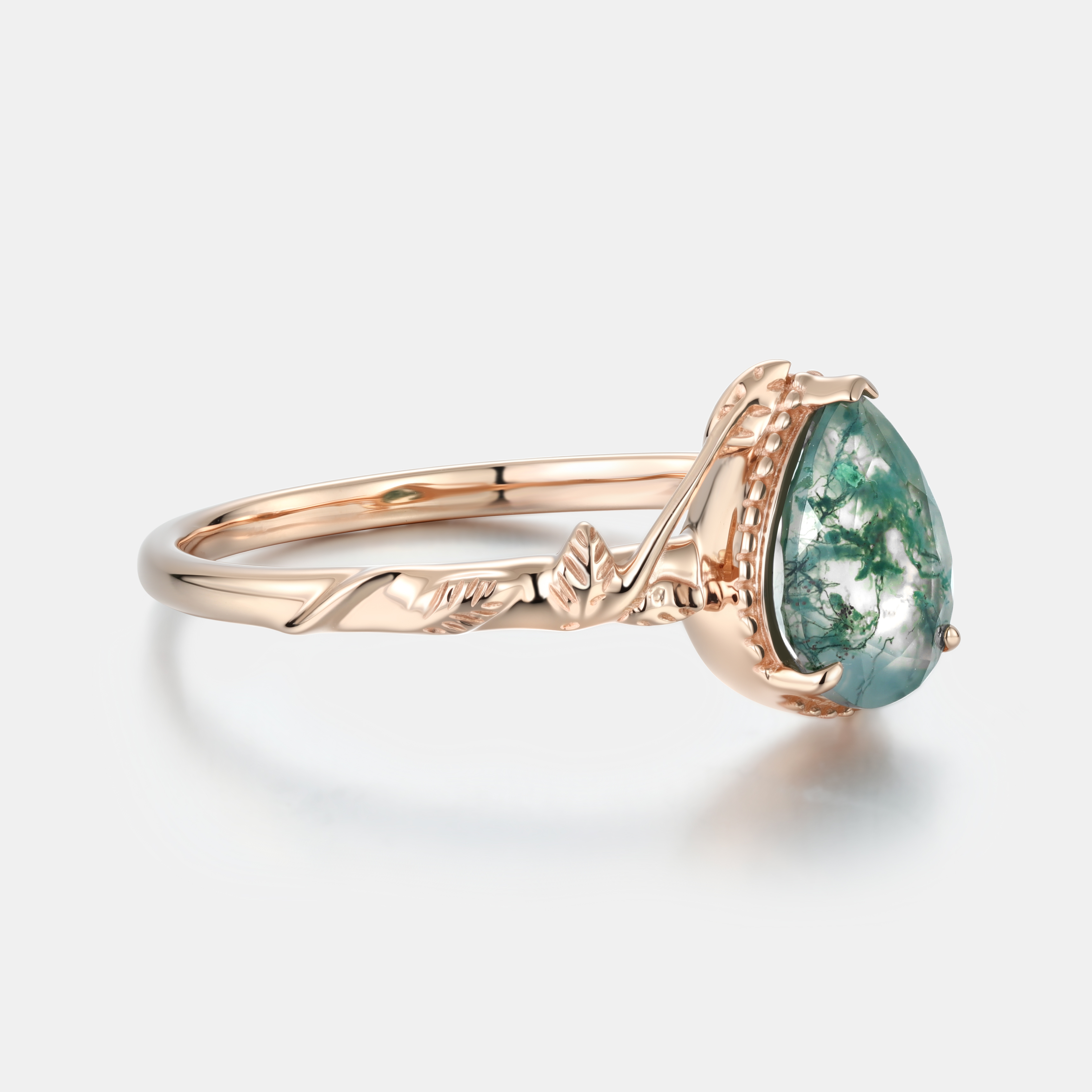 Lucky Gemstone | Pear Cut Moss Agate Engagement Ring | Rose Gold Milgrain Natural Inspired Design Band