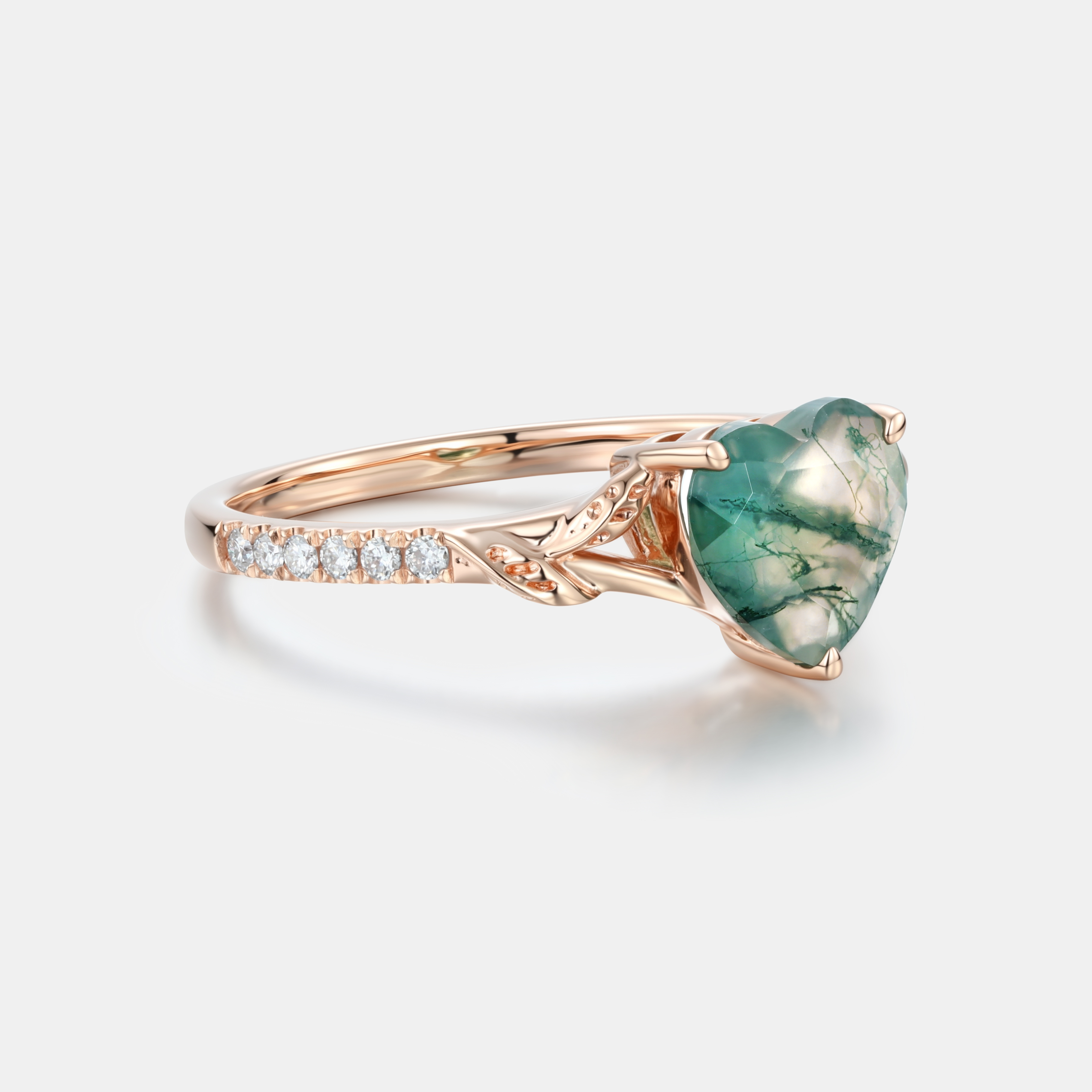 Lucky Gemstone Heart Cut Moss Agate Engagement Ring Intertwined Vine with Leaf Carving & moissanite Accents 