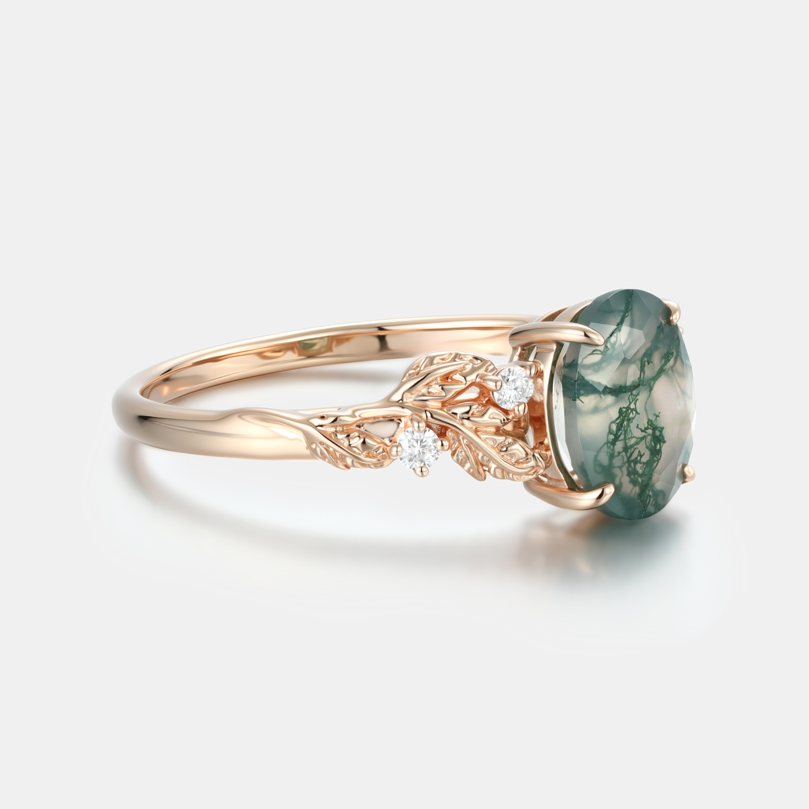 Rose Gold Natural Oval Cut Moss Agate Vine Leaf Ring with Diamond Foliage | Nature Artistic Engagement Ring