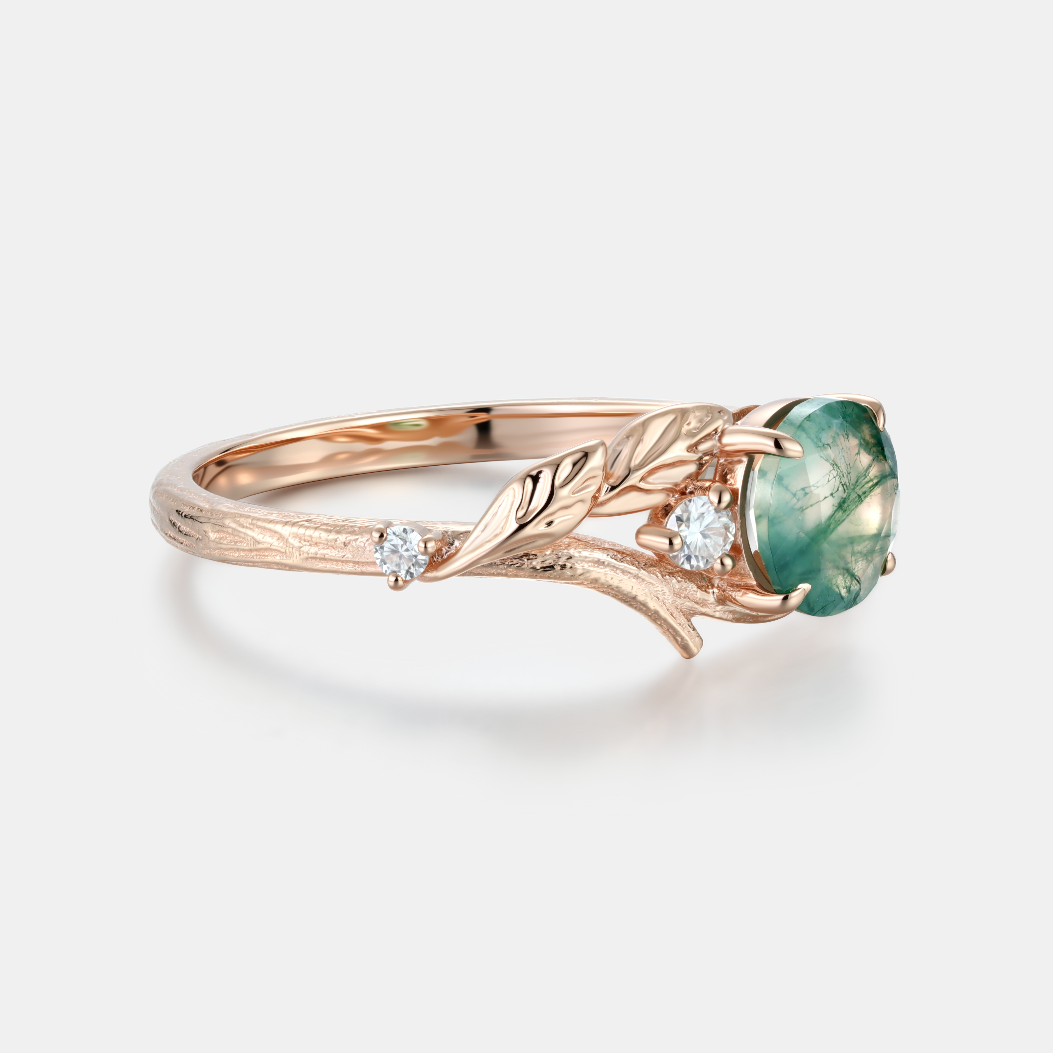 Whispers of The Forest – Round Cut Moss Agate Engagement Ring in Rose Gold with Leaf Vine & Moissanite Accent