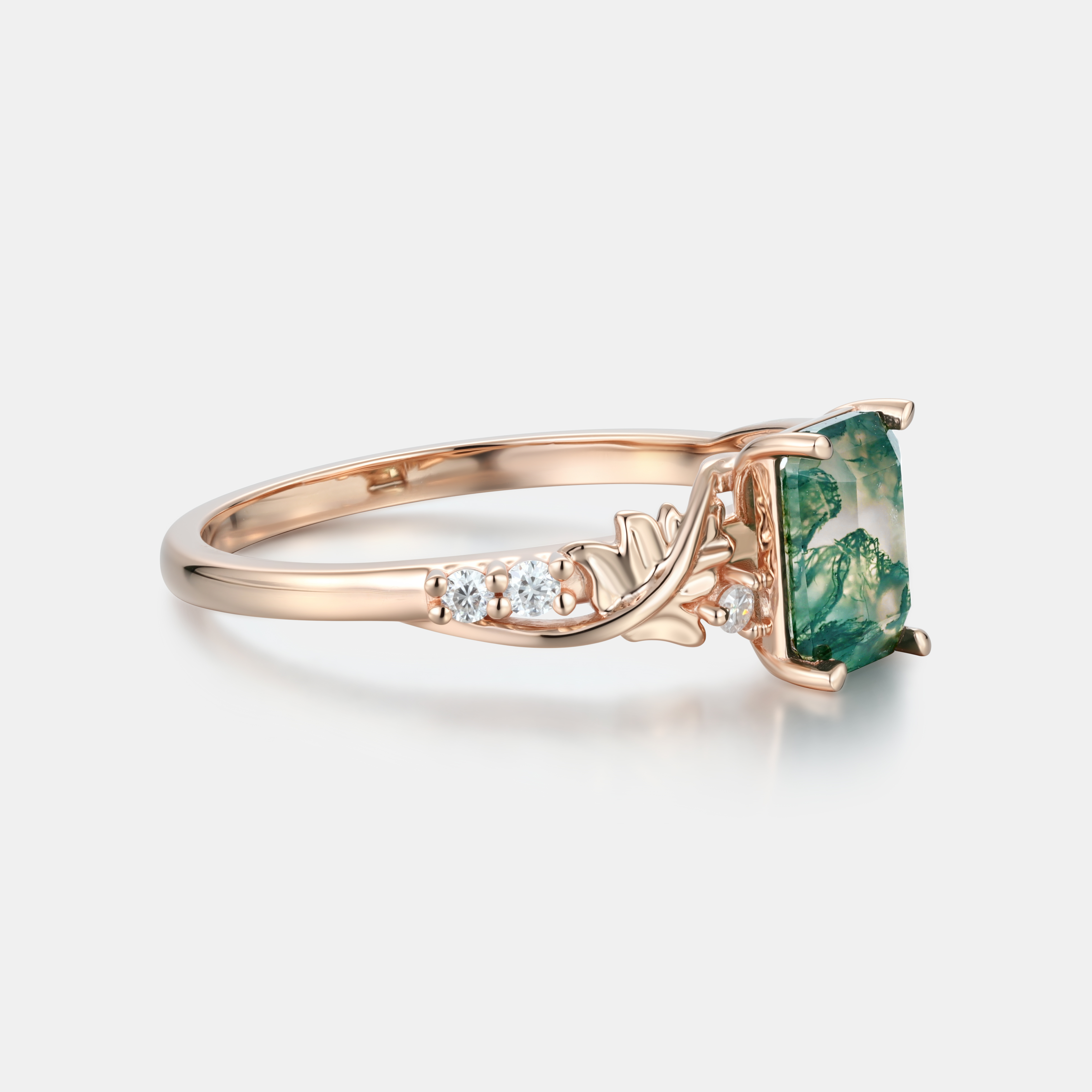 Lucky Gemstone Emerald Cut Moss Agate Engagement Ring in Rose Gold Natural Inspired Design with Moissanite Accent
