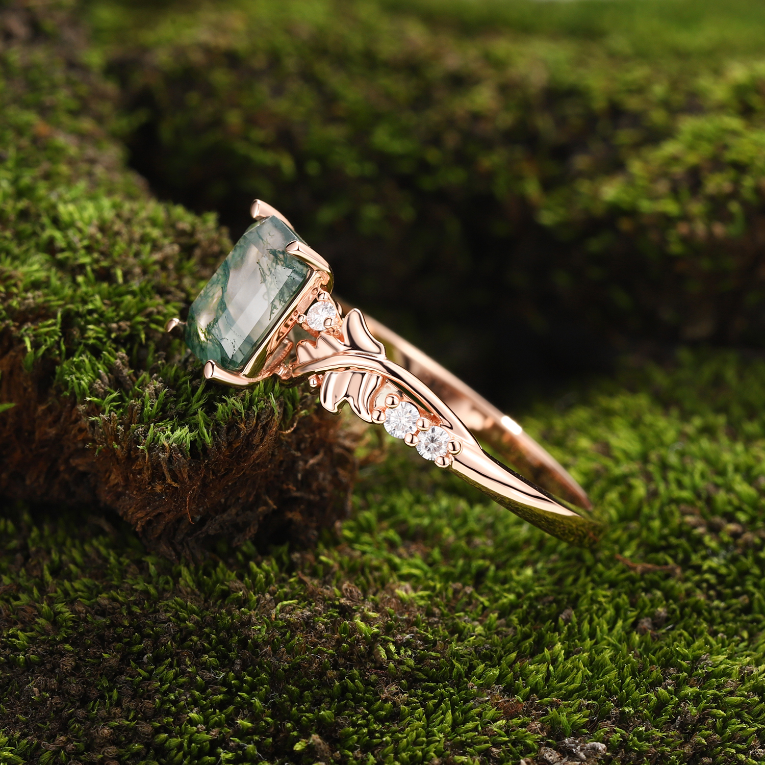 Lucky Gemstone Emerald Cut Moss Agate Engagement Ring in Rose Gold Natural Inspired Design with Moissanite Accent