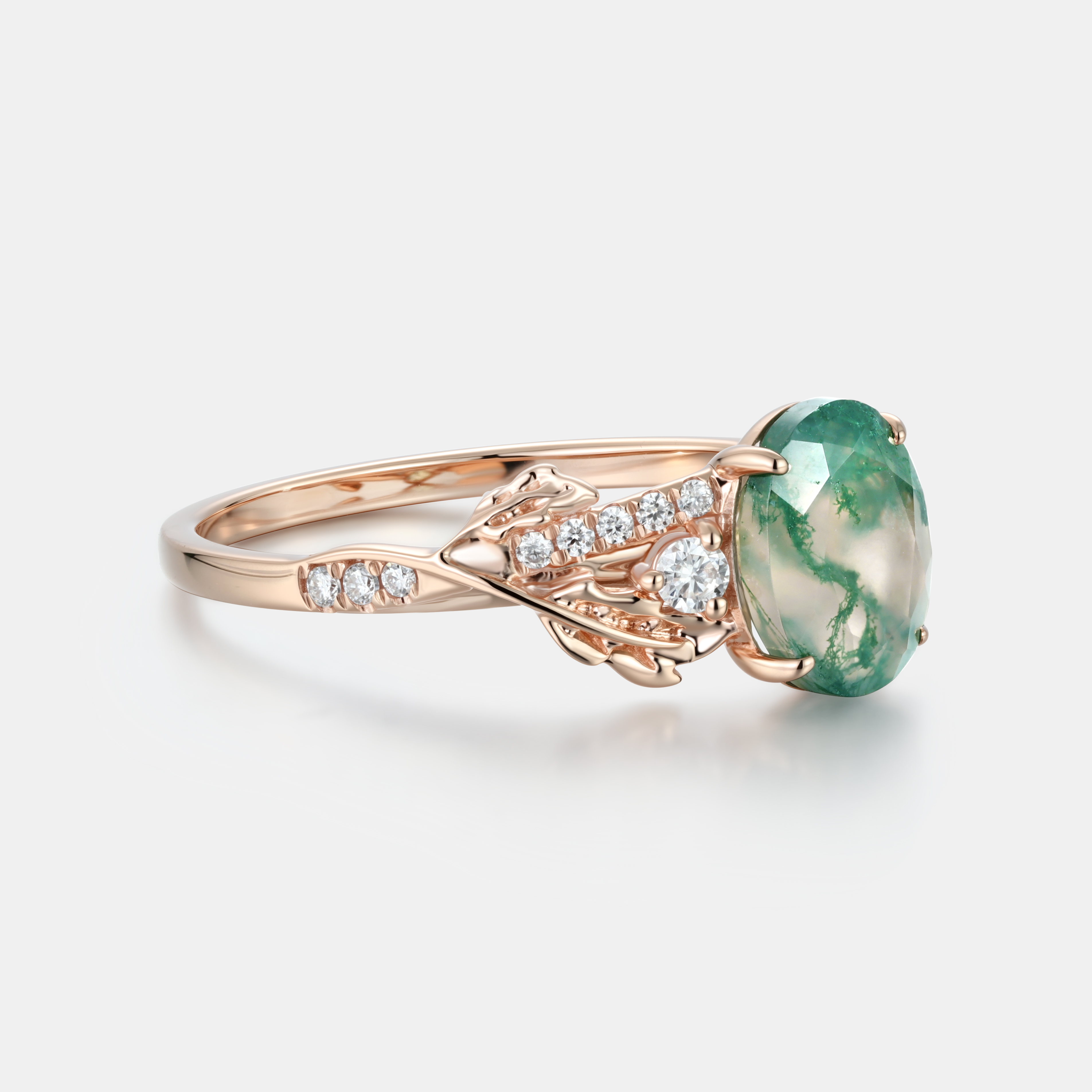 Lucky Gemstone | Oval Cut Moss Agate Engagement Ring | Leaf Vine Floral with Moissanite Accents | Natural Inspired Artistic