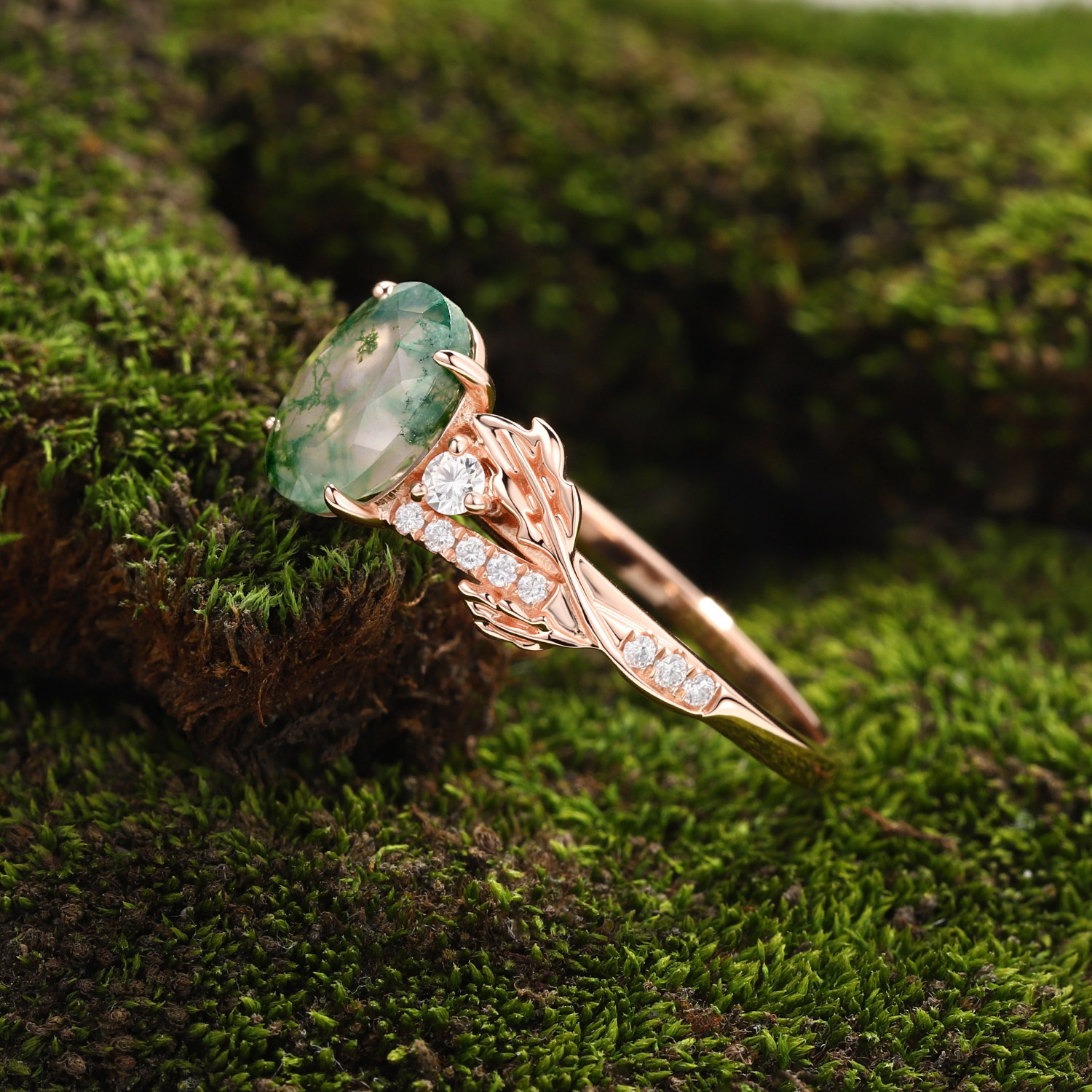 Lucky Gemstone | Oval Cut Moss Agate Engagement Ring | Leaf Vine Floral with Moissanite Accents | Natural Inspired Artistic