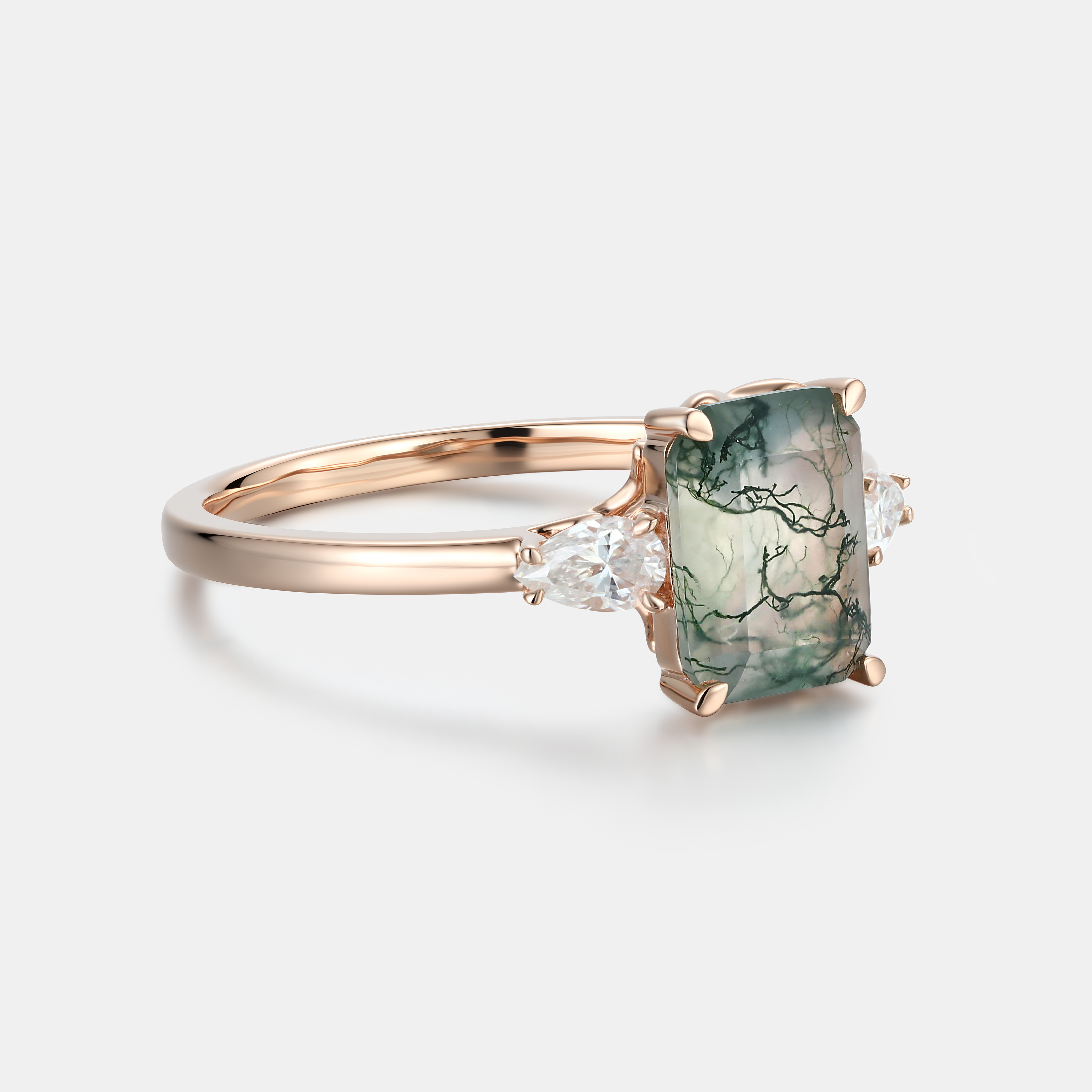 Lucky Rectangular Moss Agate Engagement Ring in Rose Gold | Pear Moissanite Accents with Leaf Vine Shoulders