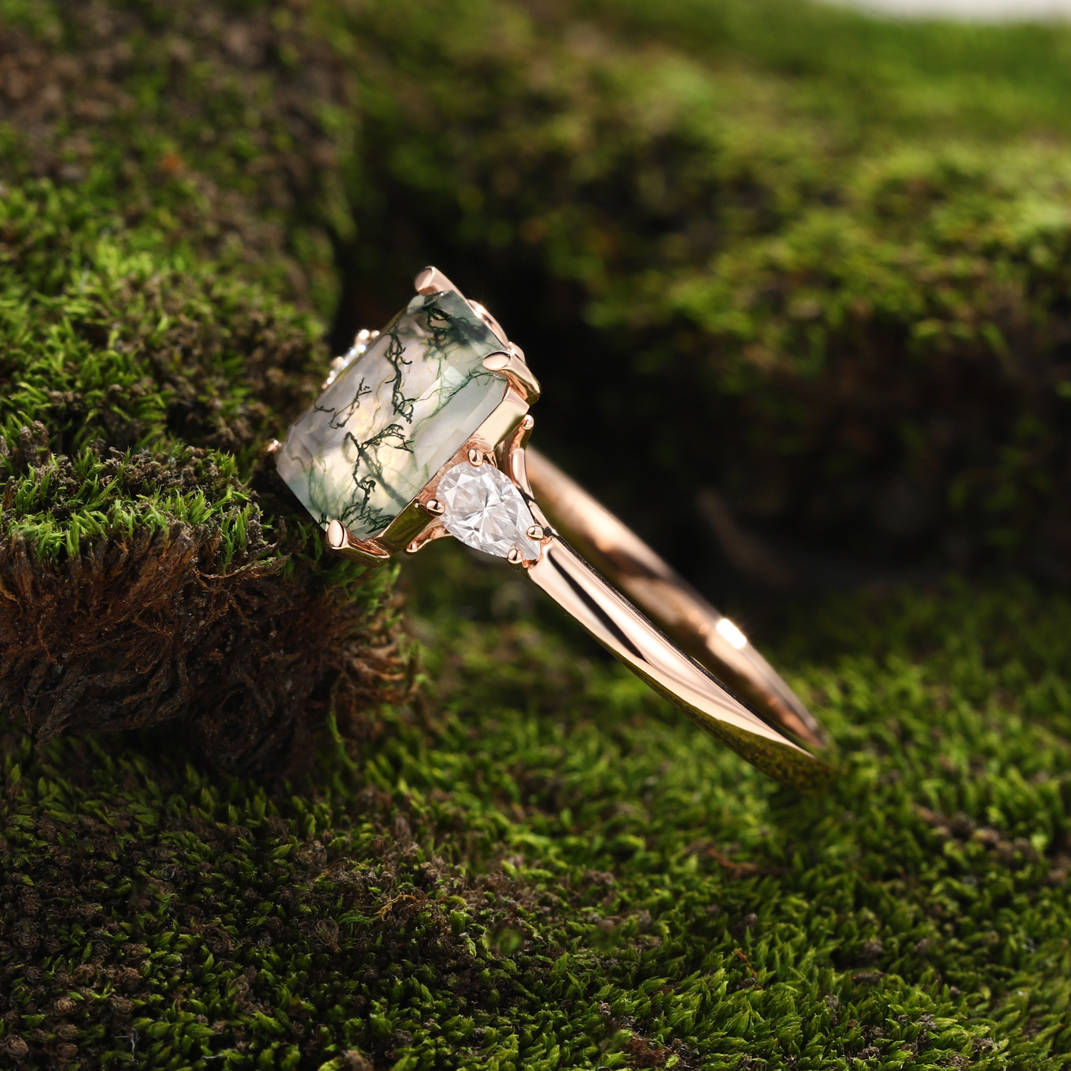 Lucky Rectangular Moss Agate Engagement Ring in Rose Gold | Pear Moissanite Accents with Leaf Vine Shoulders