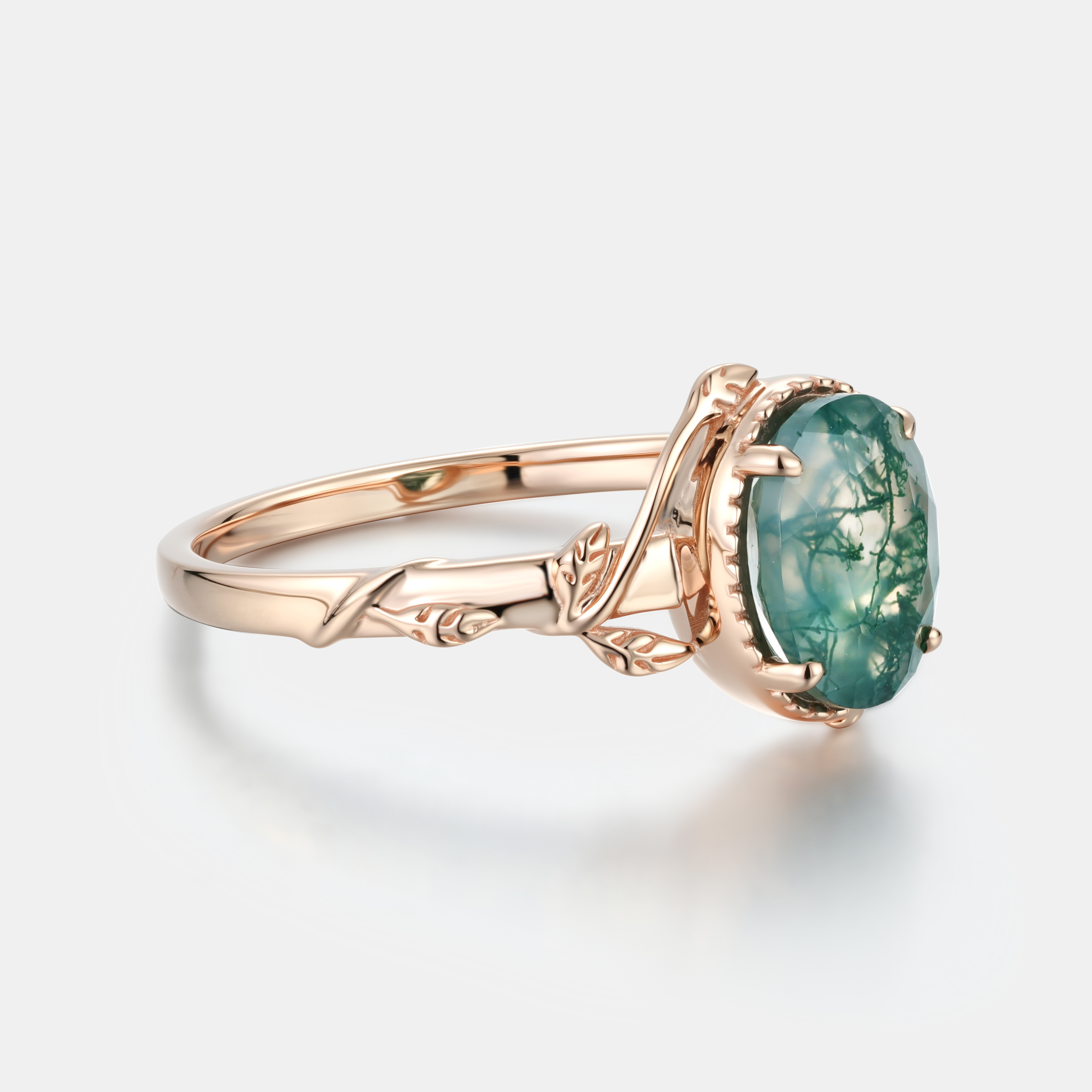 Lucky Gemstone | Oval Cut Moss Agate Engagement Ring in Rose Gold | Milgrain with Leaf Vine Shoulders Band