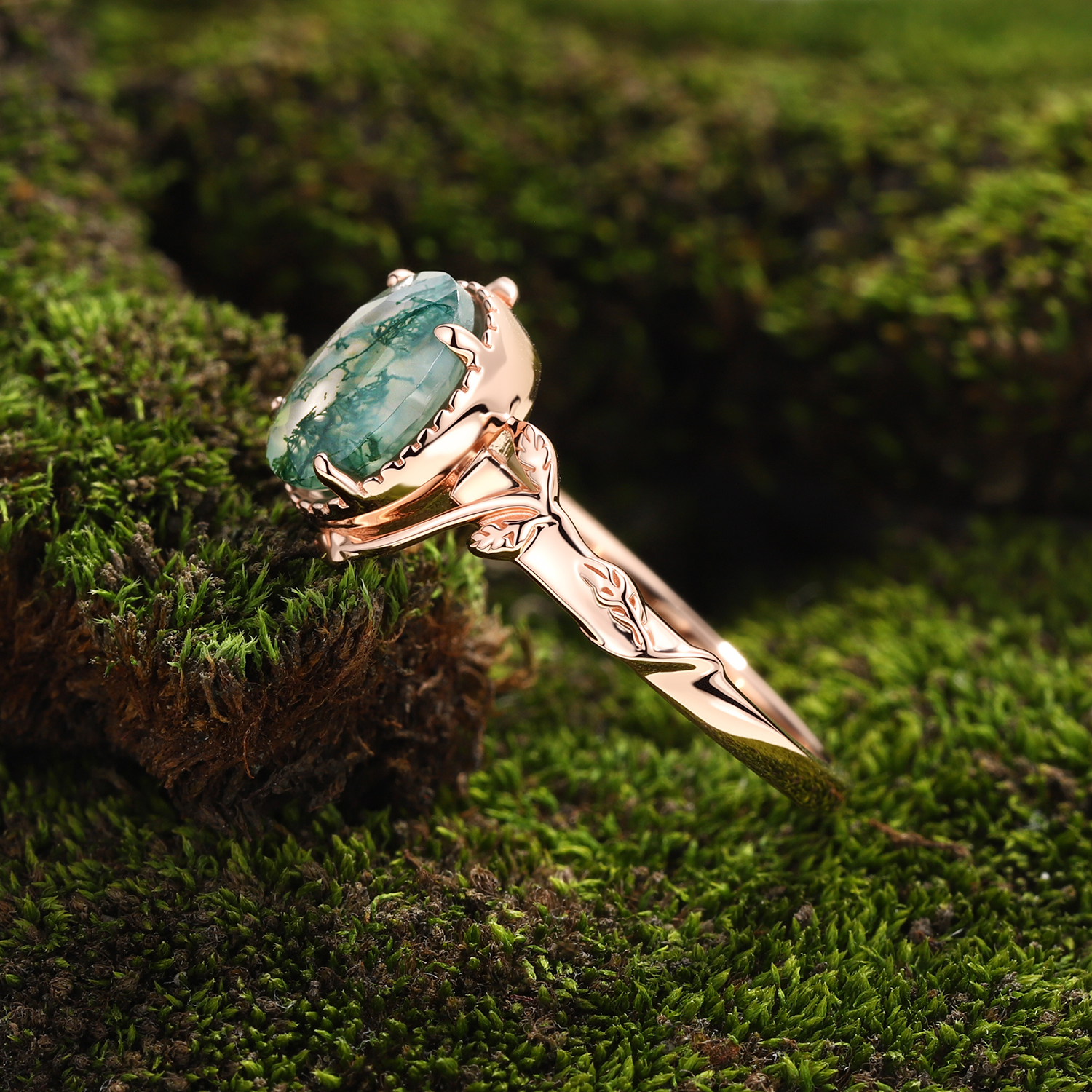Lucky Gemstone | Oval Cut Moss Agate Engagement Ring in Rose Gold | Milgrain with Leaf Vine Shoulders Band