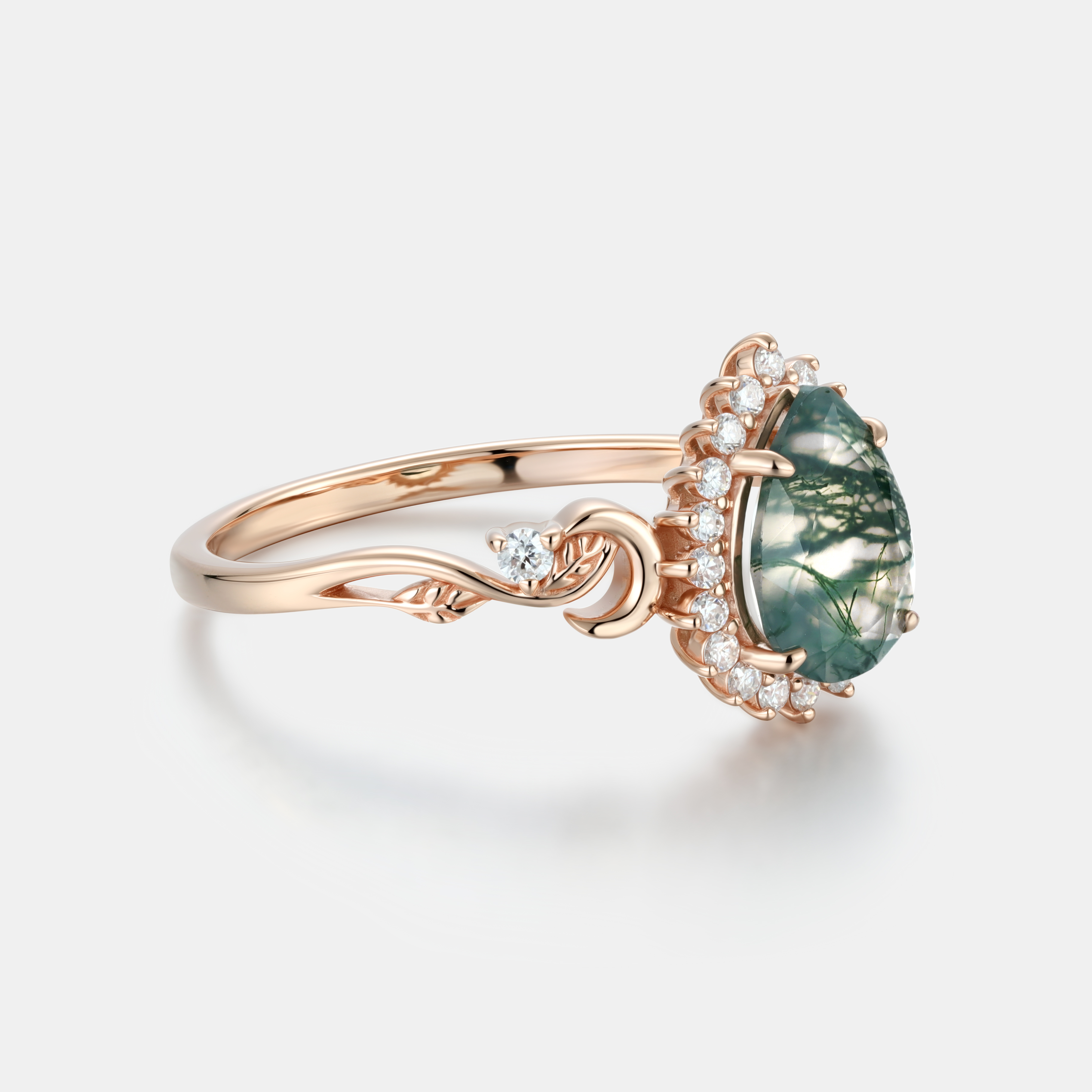 Lucky Gemstone | Pear Cut Moss Agate Engagement Ring in Rose Gold | Moissanite Halo Accent | Moon & Natural Inspired Design Band