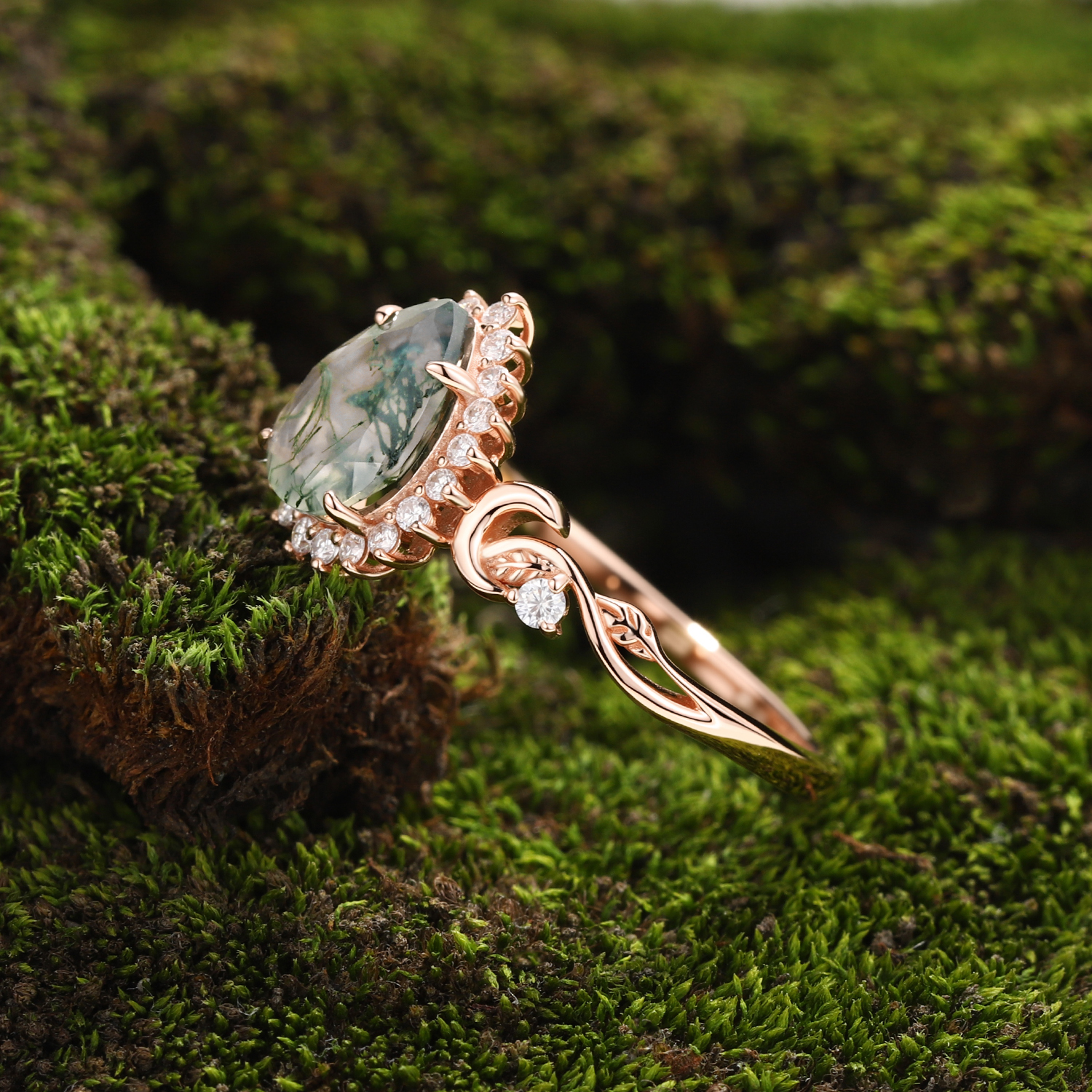 Lucky Gemstone | Pear Cut Moss Agate Engagement Ring in Rose Gold | Moissanite Halo Accent | Moon & Natural Inspired Design Band