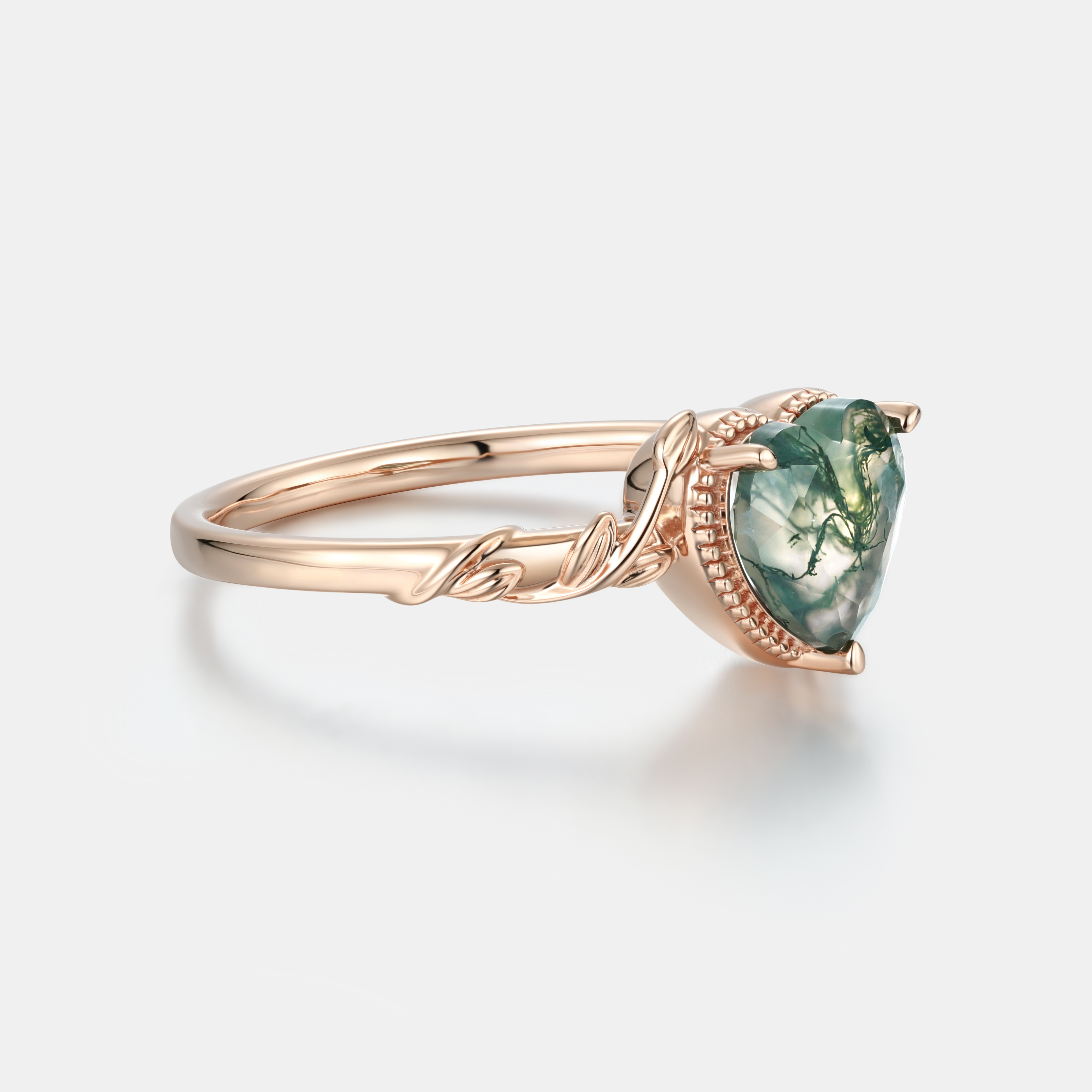 Lucky Gemstone | Heart Cut Moss Agate Engagement Ring in Rose Gold | Milgrain Leaf Vine Botanical Motif Design Band
