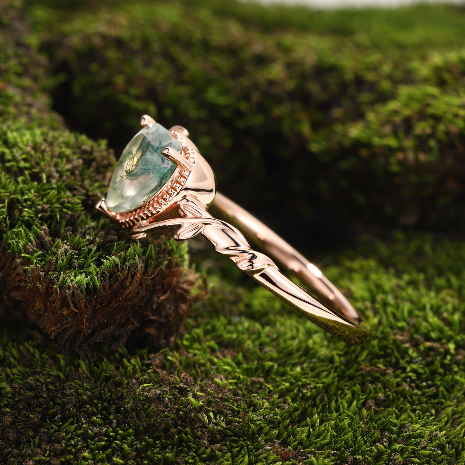 Lucky Gemstone | Heart Cut Moss Agate Engagement Ring in Rose Gold | Milgrain Leaf Vine Botanical Motif Design Band