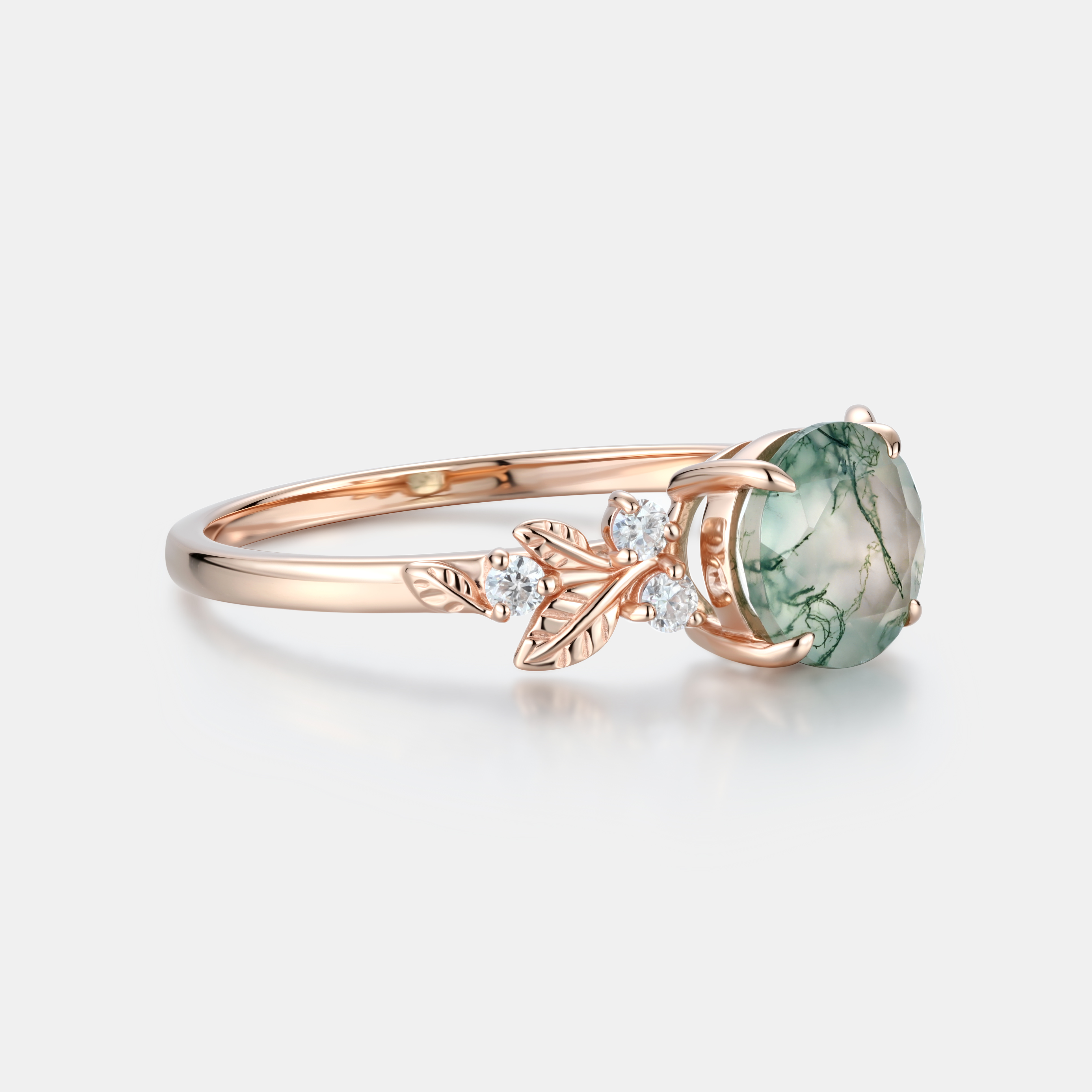 Lucky Gemstones Round Moss Agate Engagement Ring in Rose Gold | Leaf Vine Botanical Design with Moissanite Accents
