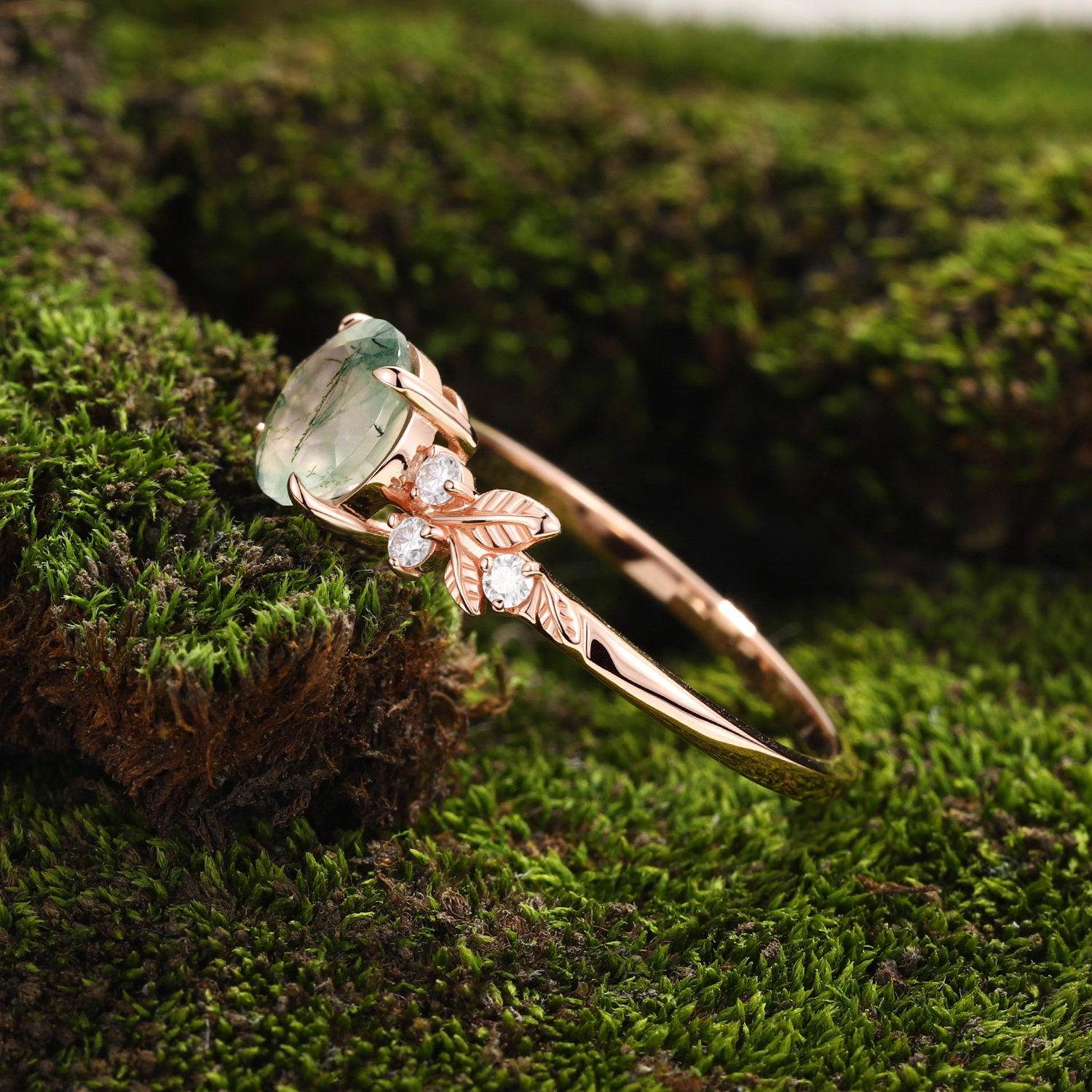 Lucky Gemstones Round Moss Agate Engagement Ring in Rose Gold | Leaf Vine Botanical Design with Moissanite Accents