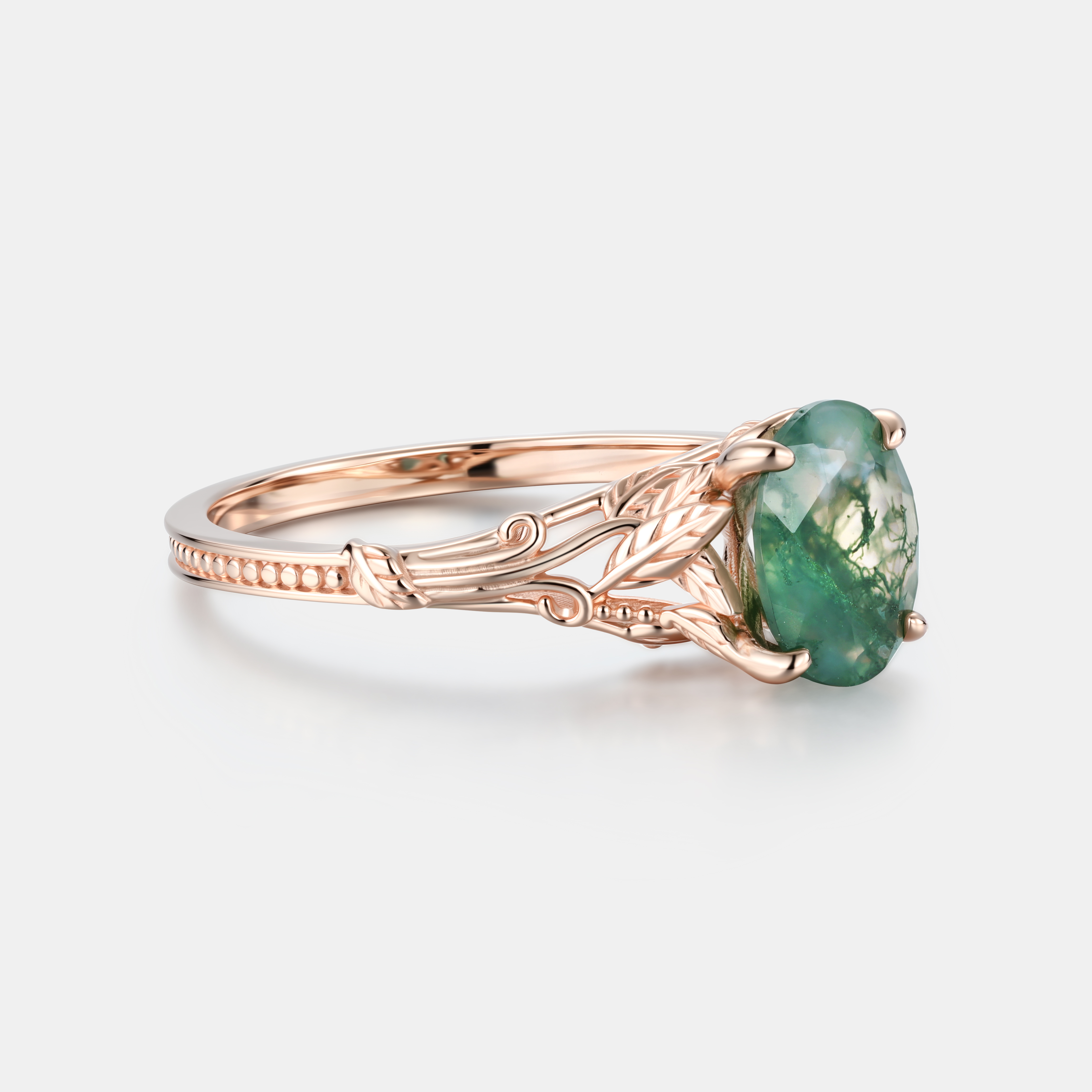 Lucky Gemstones Oval Cut Moss Agate Engagement Ring Delicate Rose Gold Natural Inspired Design Band