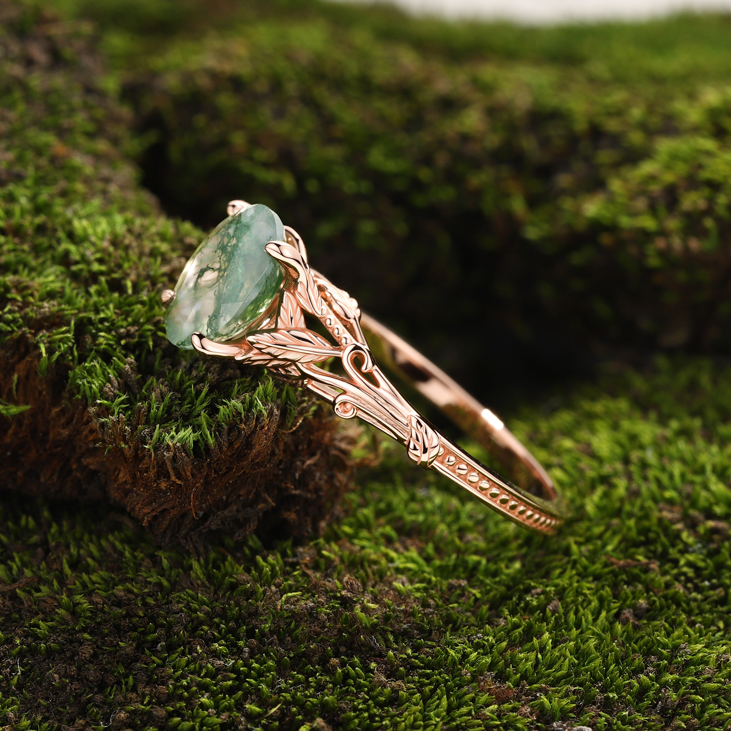 Lucky Gemstones Oval Cut Moss Agate Engagement Ring Delicate Rose Gold Natural Inspired Design Band