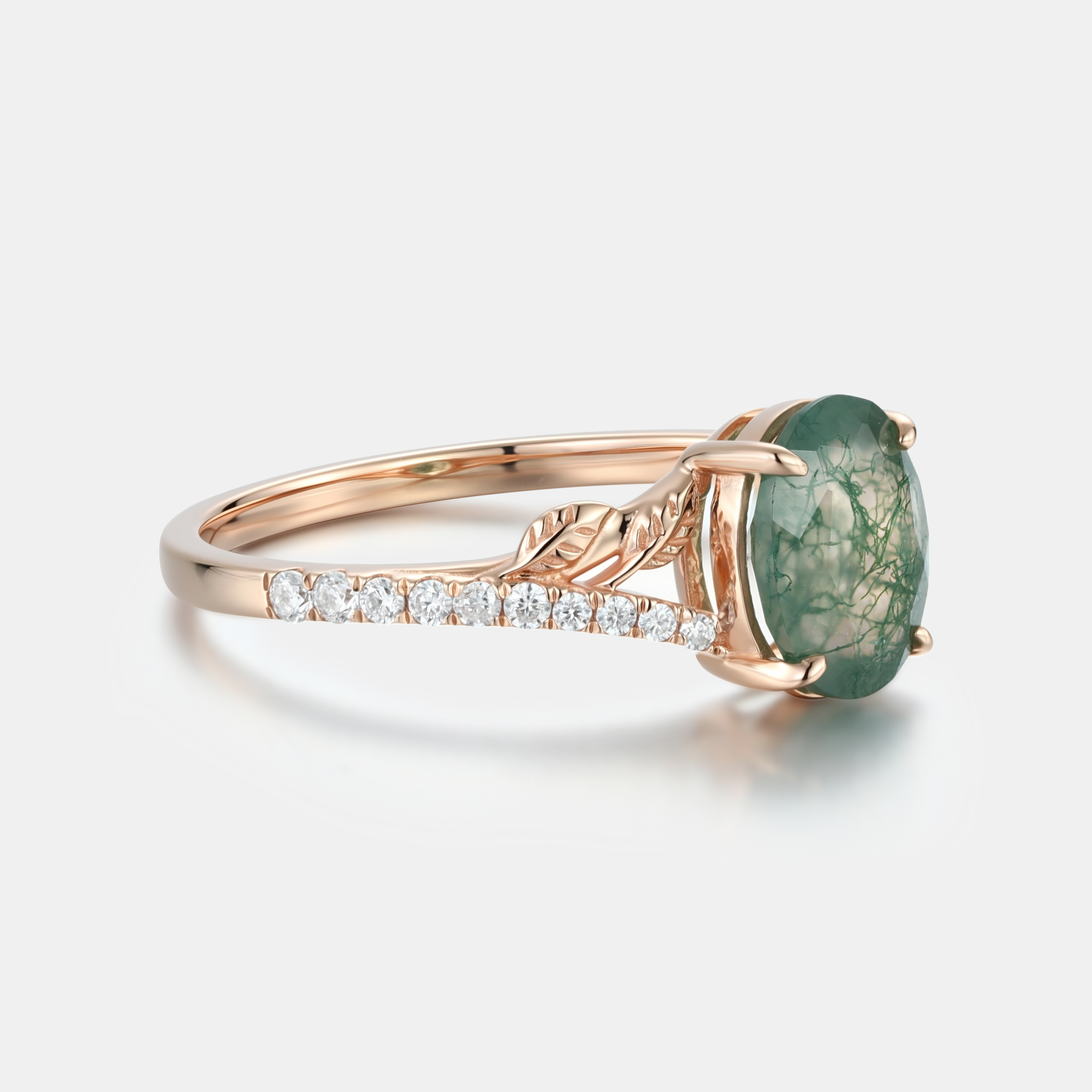 Rose Gold Natural Oval Cut Moss Agate Vine Diamond Ring with Leaf Carving & Pavé Half Band | Nature Artistic Engagement Ring