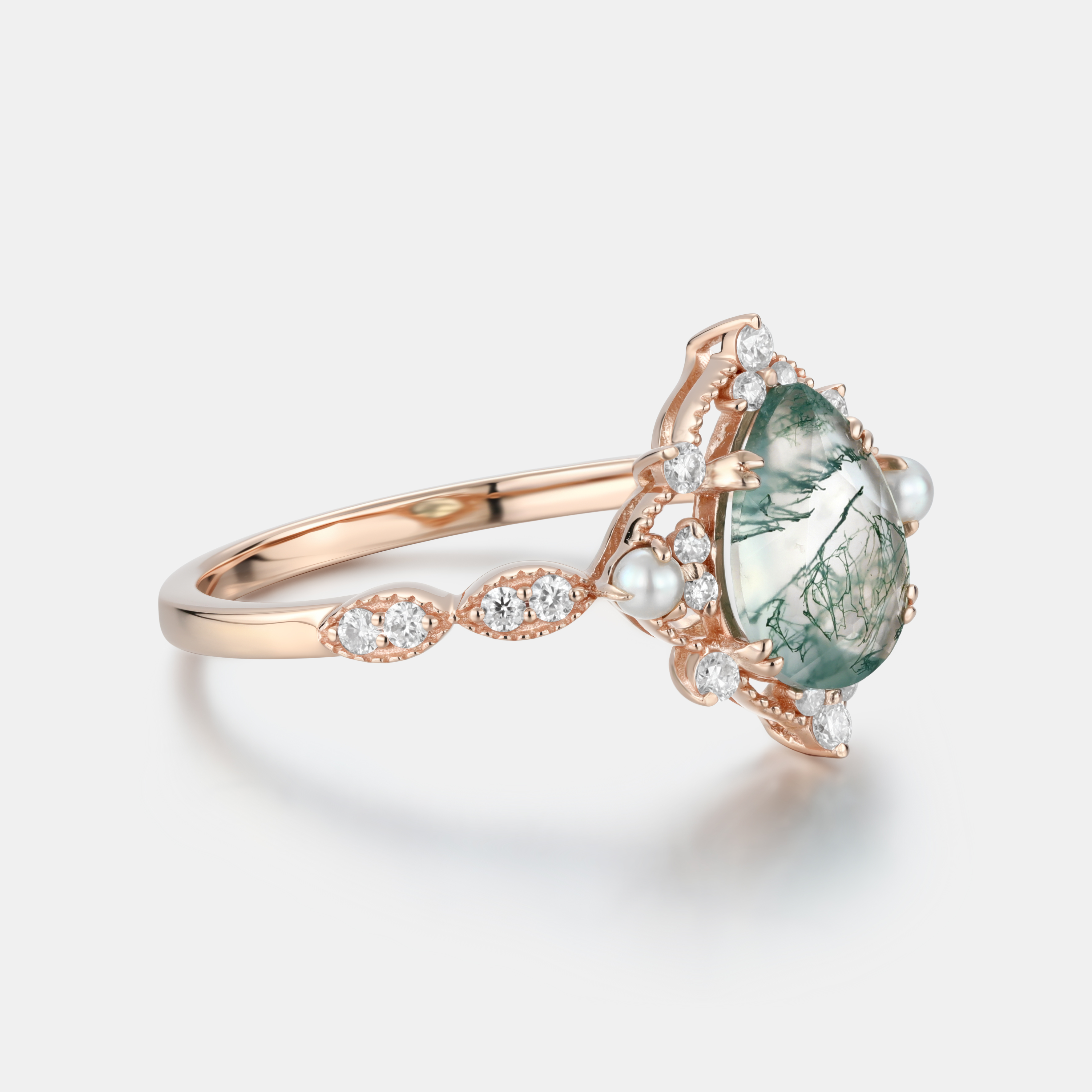 Lucky Gemstones | Pear Moss Agate Engagement Ring in Rose Gold | Delicate Natural Inspired Design with Pearl Moissanite Accent