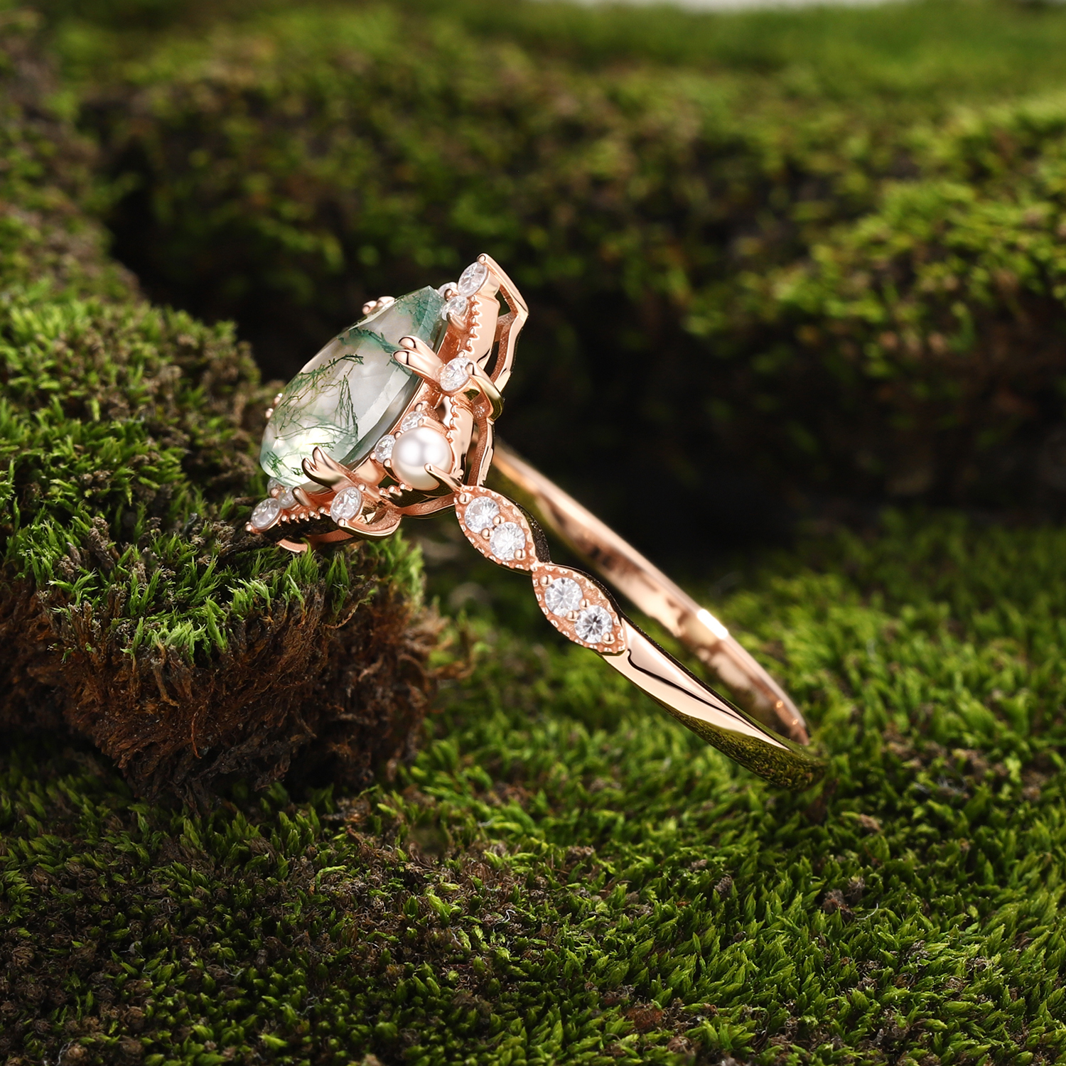 Lucky Gemstones | Pear Moss Agate Engagement Ring in Rose Gold | Delicate Natural Inspired Design with Pearl Moissanite Accent